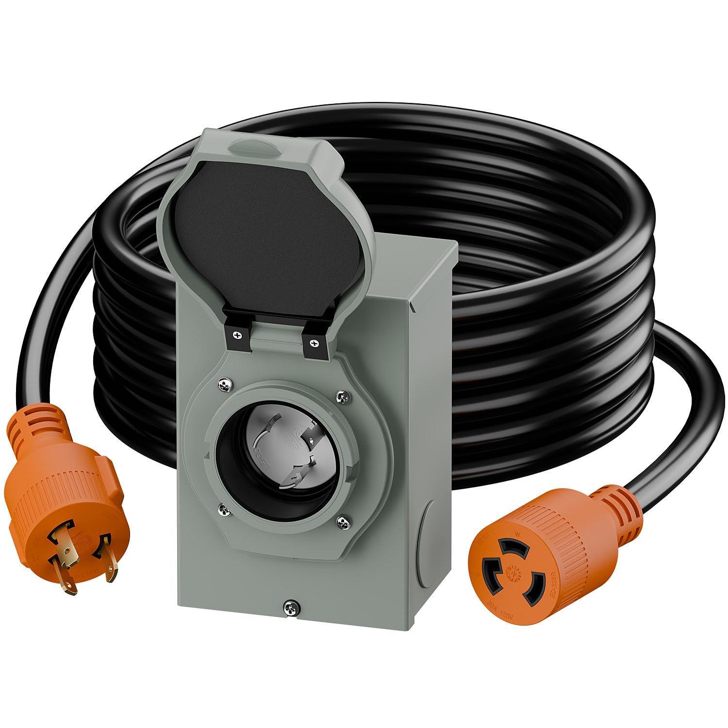 [25 FT] Nema L5-30P Waterproof RV 30Amp Power Inlet Box and L5-30P Extension Cable 25FT, ETL Listed 30A Generator Power Inlet, Outdoor use L5-30 30A 125V 3750W Inlet Box with LED Light AC0066