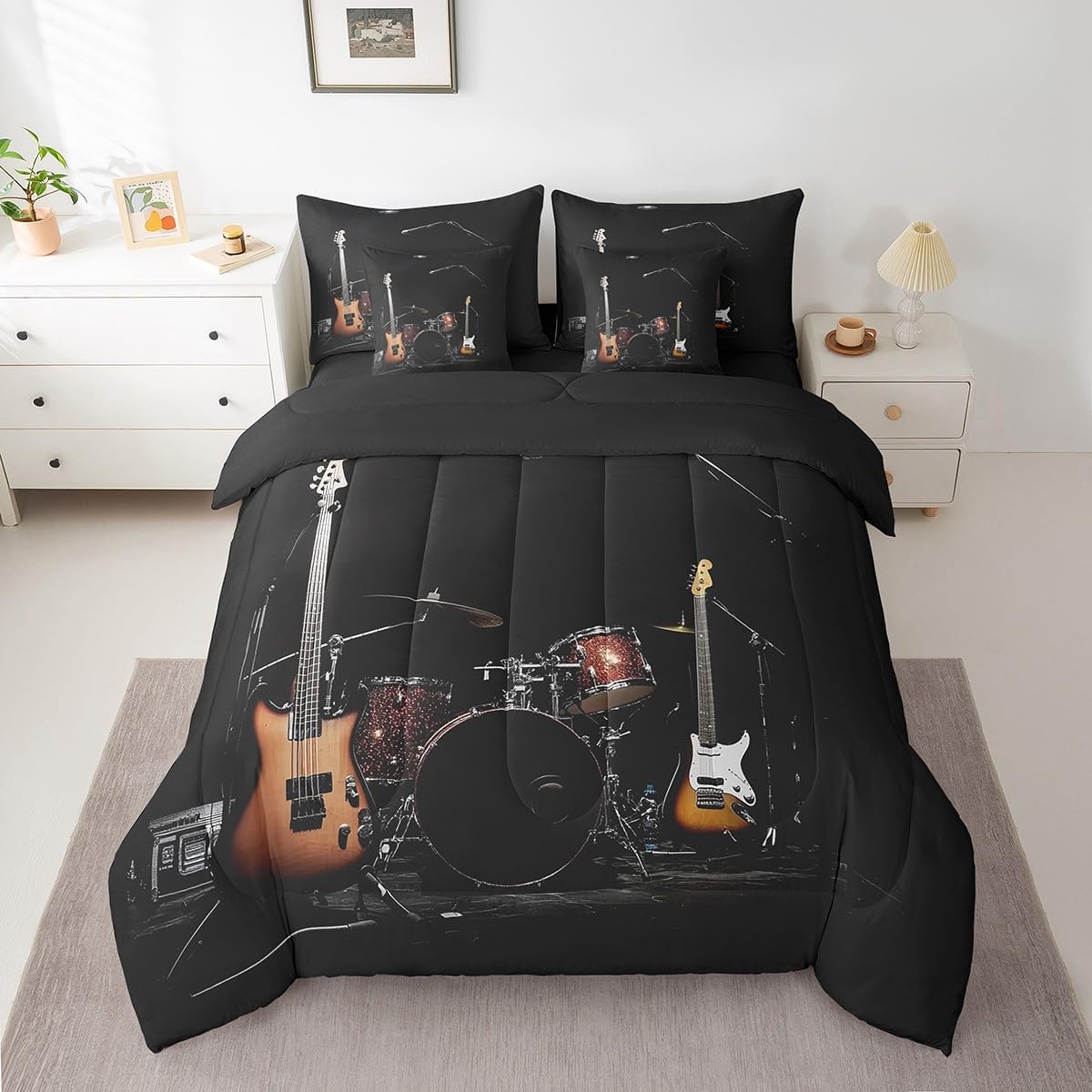 jejeloiu Musical Instrument Comforter Set 7 Pieces Queen Size Guitar Drum Kit Bedding Set for Kids Boys Girls Black Orange Bed in a Bag with Comforter + Sheets + Pillowcases + Cushion Covers