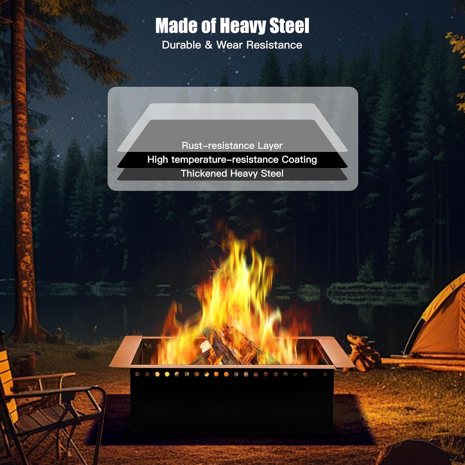 42 inch Outdoor Fire Pit Liner, Square Heavy Duty Fire Pits, Rim Insert Firepit for Outside, DIY Campfire Fireplace