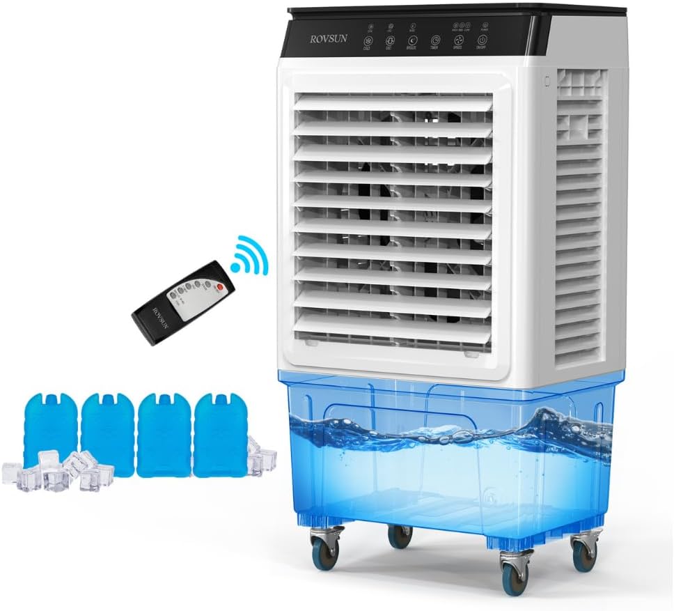 ROVSUN 2300CFM Portable Air Cooler, 7.9Gal/30L Evaporative Swamp Cooler, 3-IN-1 Cooling Fan with Remote Control, 12H Timer & 4 Ice Box, 3 Speeds, Humidifying Oscillating Fan for Indoor or Outdoor
