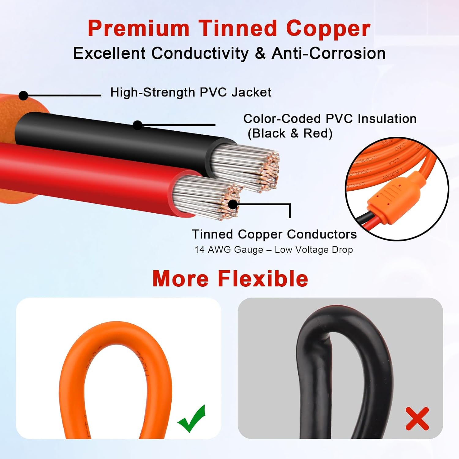 XRDS -RF Solar Extension Cable 100FT, 14AWG Tinned Copper with Solar Panel Connectors, 10AWG Red & Black Branch Wires, Heavy Duty Outdoor Power Cord for RV, Inverter, Generator, Off-Grid System