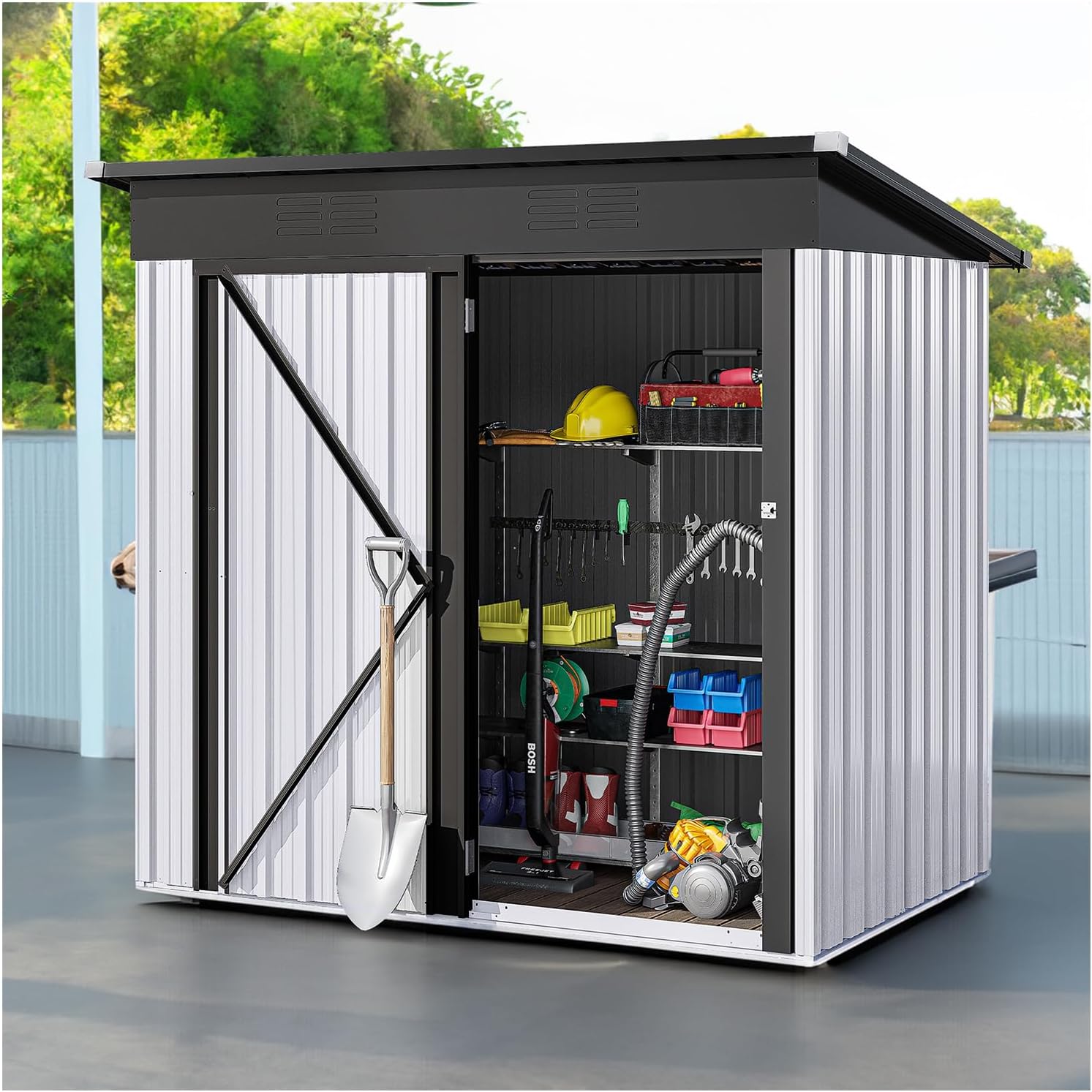 Silver and Black Two Tone 5x3 FT Outdoor Large Storage Shed Metal Tool Sheds Heavy Duty Hinged Door Lockable House Patio Tool Garden Waterproof All Weather Rust Protect New 59.05