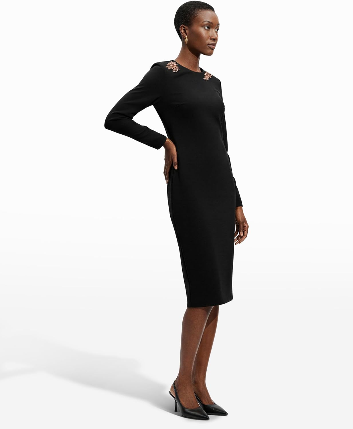 Anne Klein Womens Long Sleeve Strong Shoulder Midi Dress