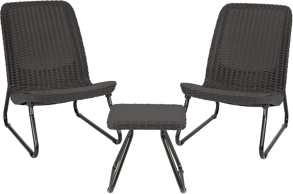 Keter Rio 3 Piece Resin Wicker Patio Furniture Set with Side Table and Outdoor Chairs for Front Porch and Backyard Decor, Dark Grey