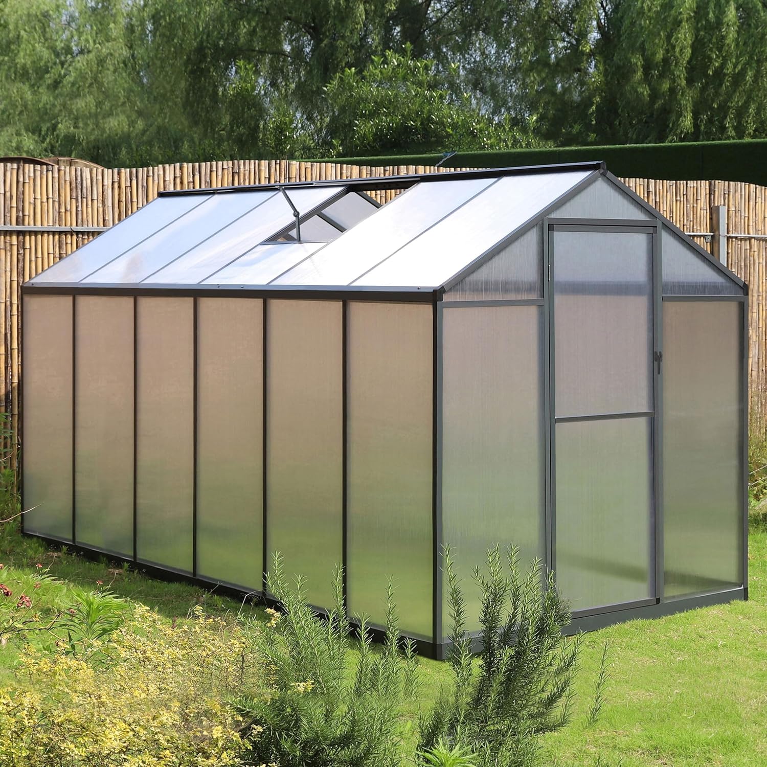 VEIKOU Greenhouse for Outdoor Heavy Duty Polycarbonate, 6' x 12' Garden Plants Greenhouse Kit with Aluminum Frame, Lockable Door and Windows for Backyard Grey