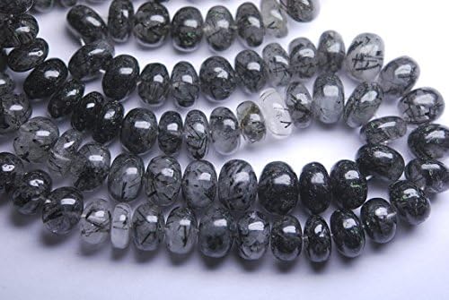 13 inch natural beads strand of 8-9mm smooth rondelle black tourmalinated quartz gemstone beads for DIY jewelry - necklace, bracelet, earring, ring.