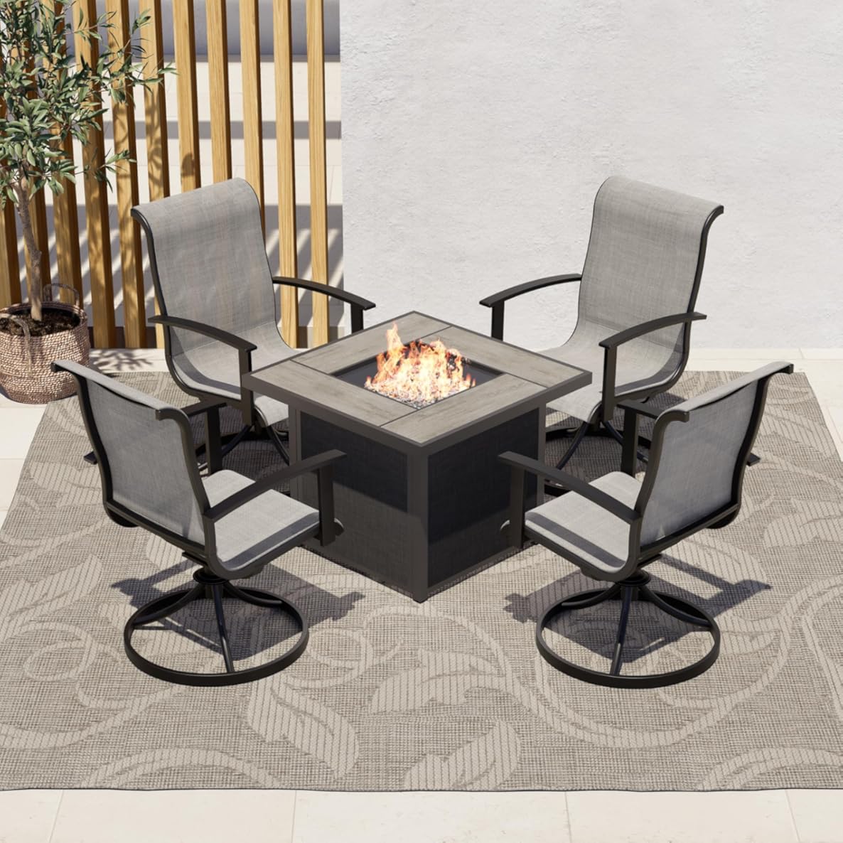 Grand patio 5-Piece Outdoor Furniture Conversation Sets with 32 Inch CSA Approved 40000 BTU Heat Propane Gas Fire Pit Table Outdoor Swivel Rocking Chair 4-Piece Mixed Coffee Dining Chair Set
