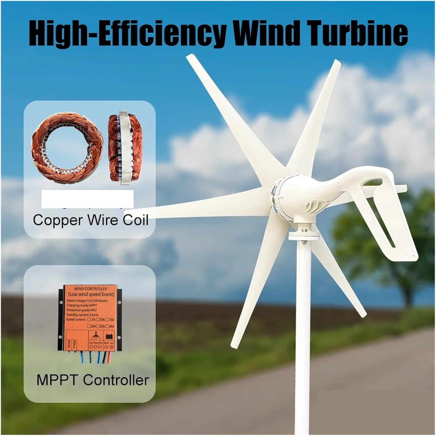 600w 800w 1000w Wind Turbine Generator Windmill 12v 24v Home Appliance Camping Power Generator with MPPT Controller Low Starting Speed for Home(6 Blades 1000w,12V)