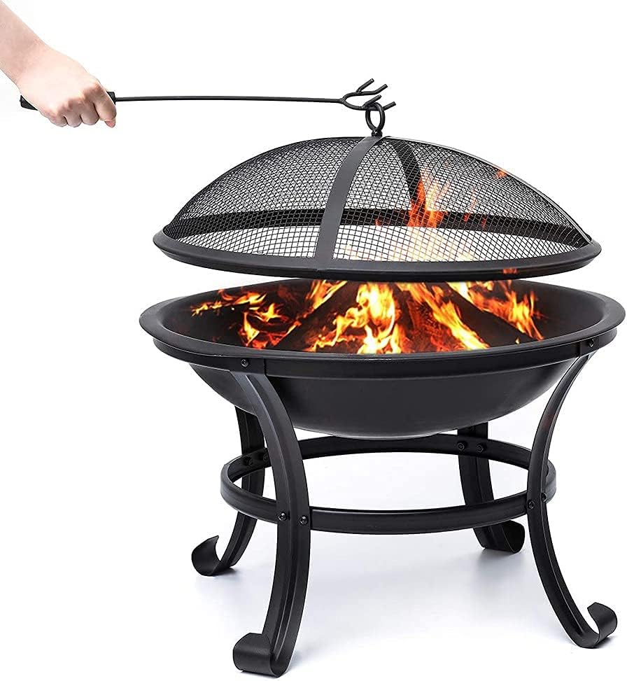 22Inch Outdoor Fire Pits, Patio Stove Wood Burning BBQ Grill Fire Pit Bowl Iron Round Shape Fire Pit for Outside Wood Burning for Backyard Garden Patio Heating