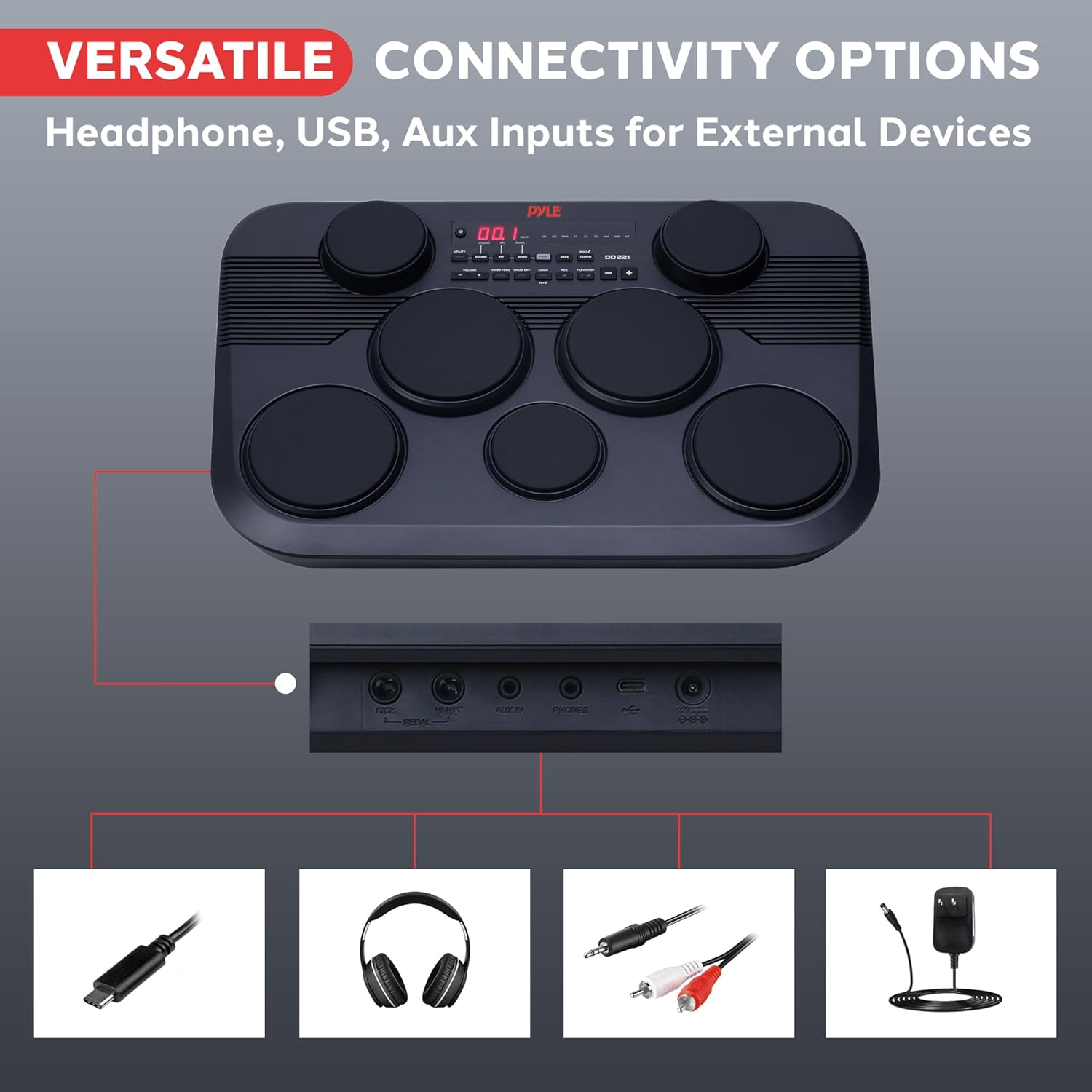 Pyle Electronic Tabletop Digital Drum Set, Compact Portable Drum Pad Kit w/ 7 Touch Sensitive Drum Pads and Pedals, 273 Sounds, USB & Headphone Outputs, MIDI/AUX Inputs, 4x5” Drums & 3x3.5” Cymbals