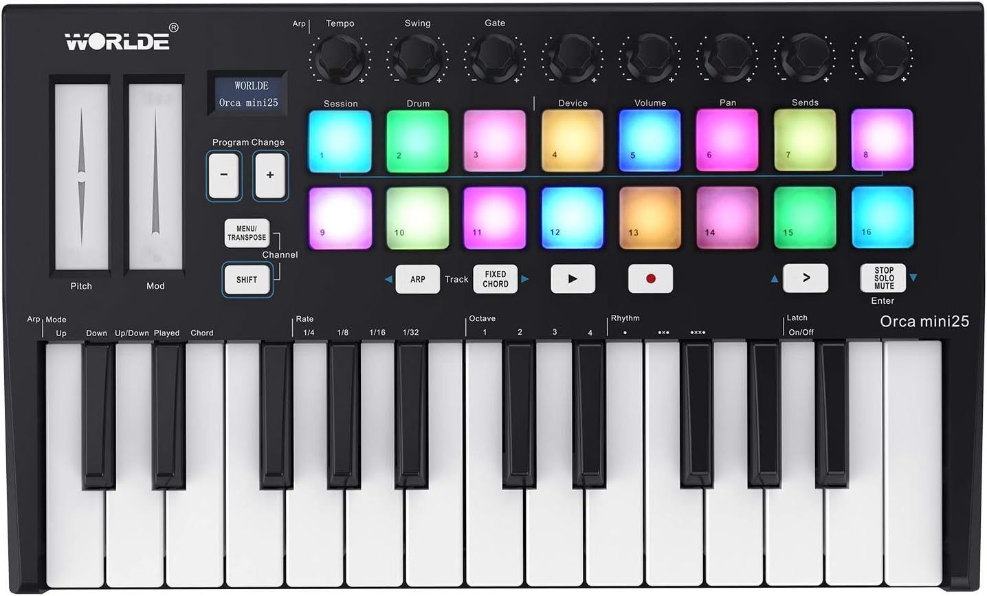25 Portable 25-Key USB MIDI Keyboard Controller with 16 RGB Backlit Trigger Pads 8 Assignable Control Knobs