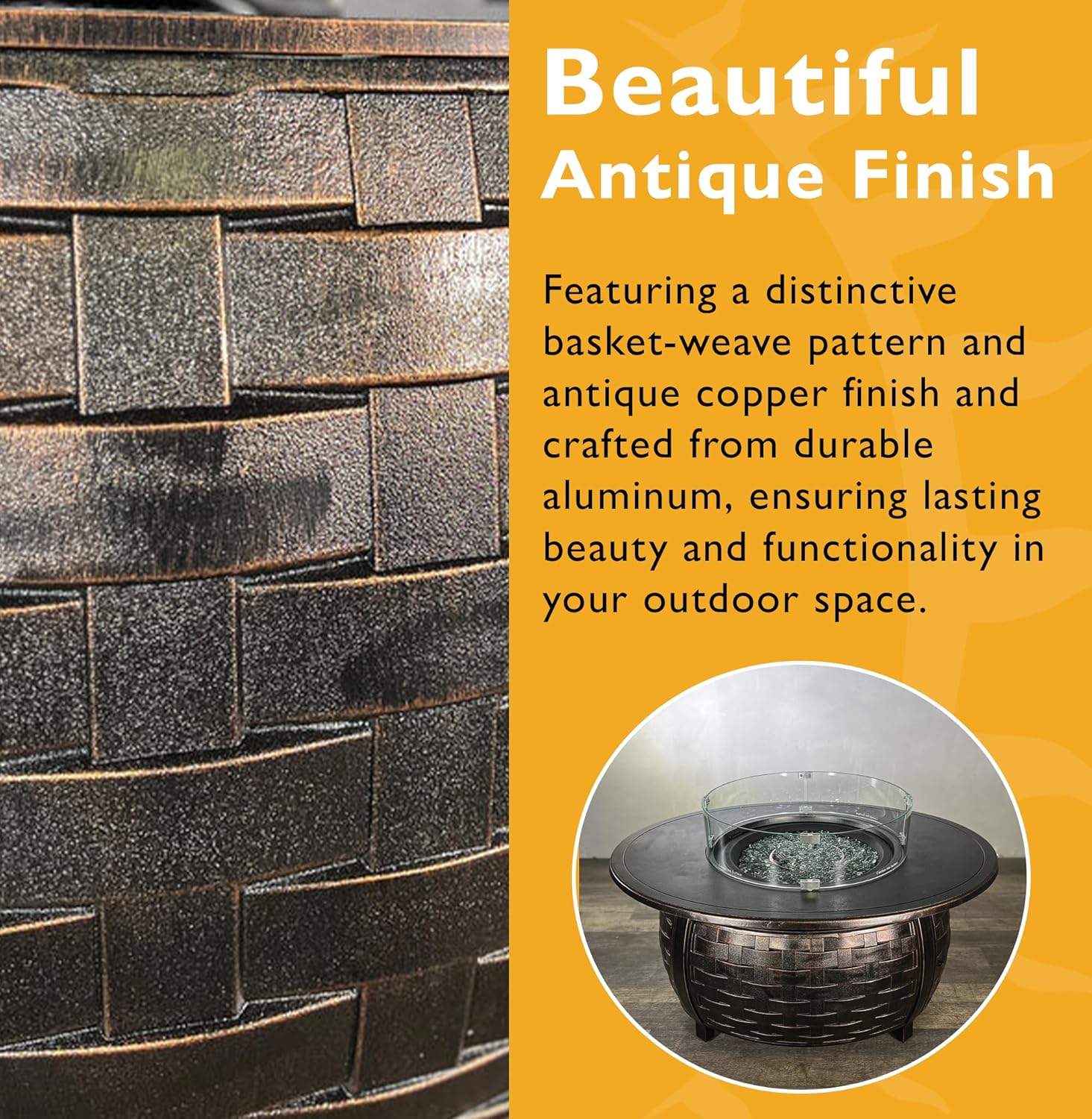 Golden Flame Bel Air 48 x 38 Oval | 55,000 BTU Cast Aluminum Natural Gas Fire Pit Table with Lid, Fire Glass Rocks, Patio Cover, 12-Ft NG Hose | Outdoor Tabletop Fireplace | Antique Copper Finish