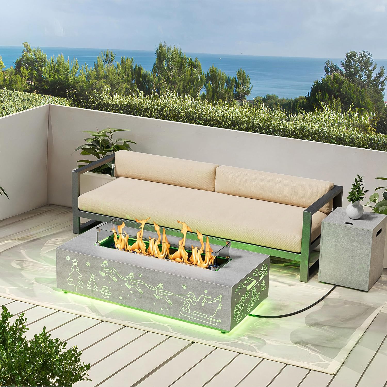 Outdoor Fire Pit Table with LED Light Propane Fire pits Outdoor Fireplaces 42″ Rectangular Firepit Table, 50,003 BTU Fire Table (Light Gray - RGB Light)