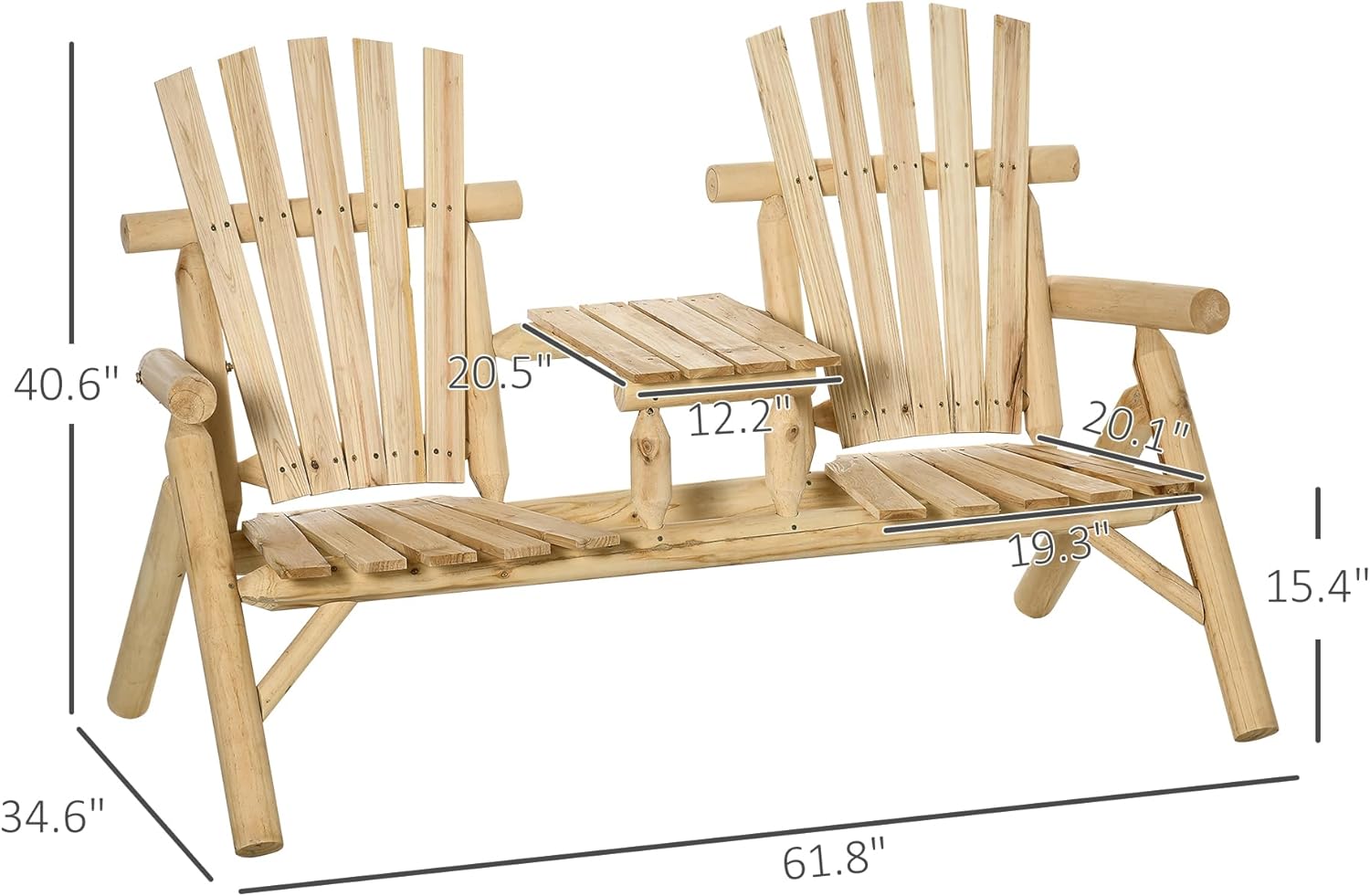 Comfortable 2-Seat Wooden Adirondack Chair with Cup Holder, Outdoor Fire Pits or Porches, Natural Finish