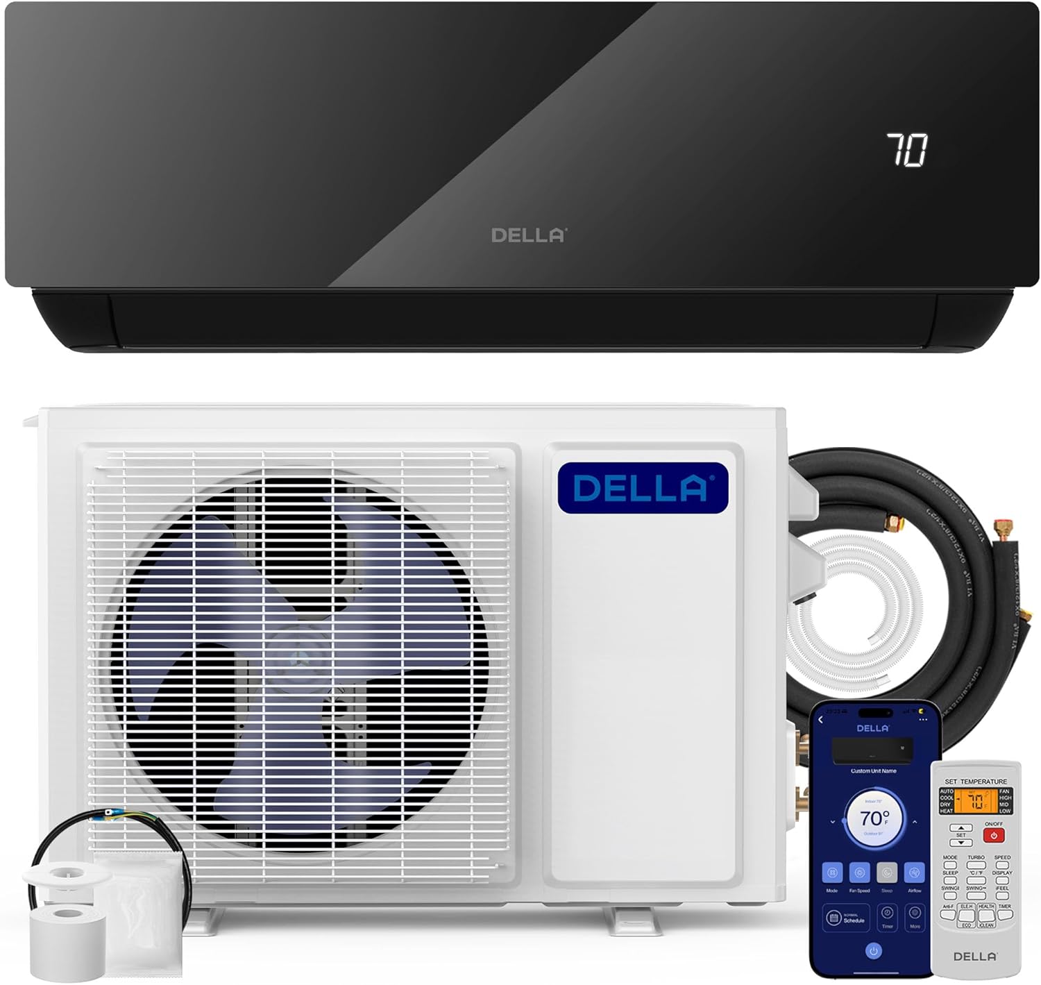 DELLA Umbra Series 12000 BTU Mini Split Work with Alexa 20 SEER2 Cools Up to 550 Sq.Ft Energy Saving Split AC & Pre-Charged 1 Ton Heat Pump Ductless Inverter System