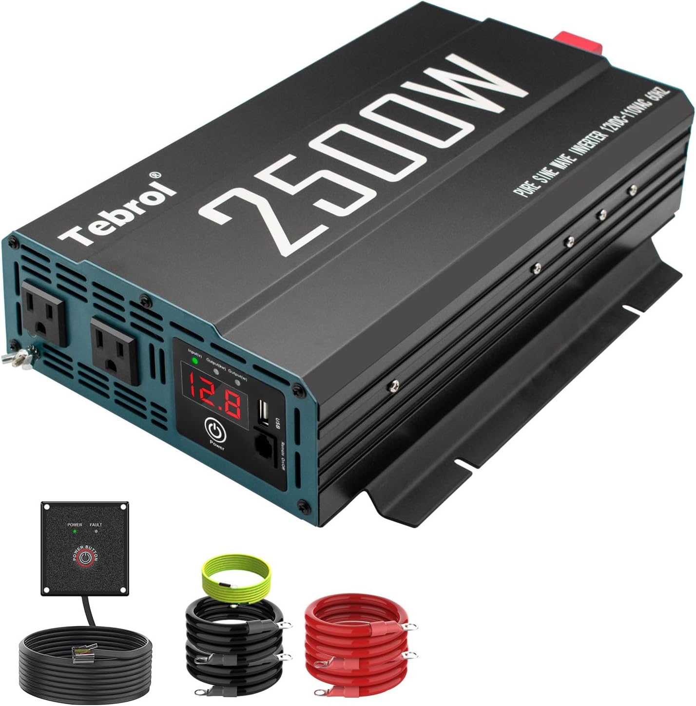 2500W Pure Sine Wave Inverter 12V DC to 110V AC Converter for Home, RV, Truck, Off-Grid Solar Power Inverter with Built-in 5V/2.1A USB, AC Hardwire Port, Remote Controller