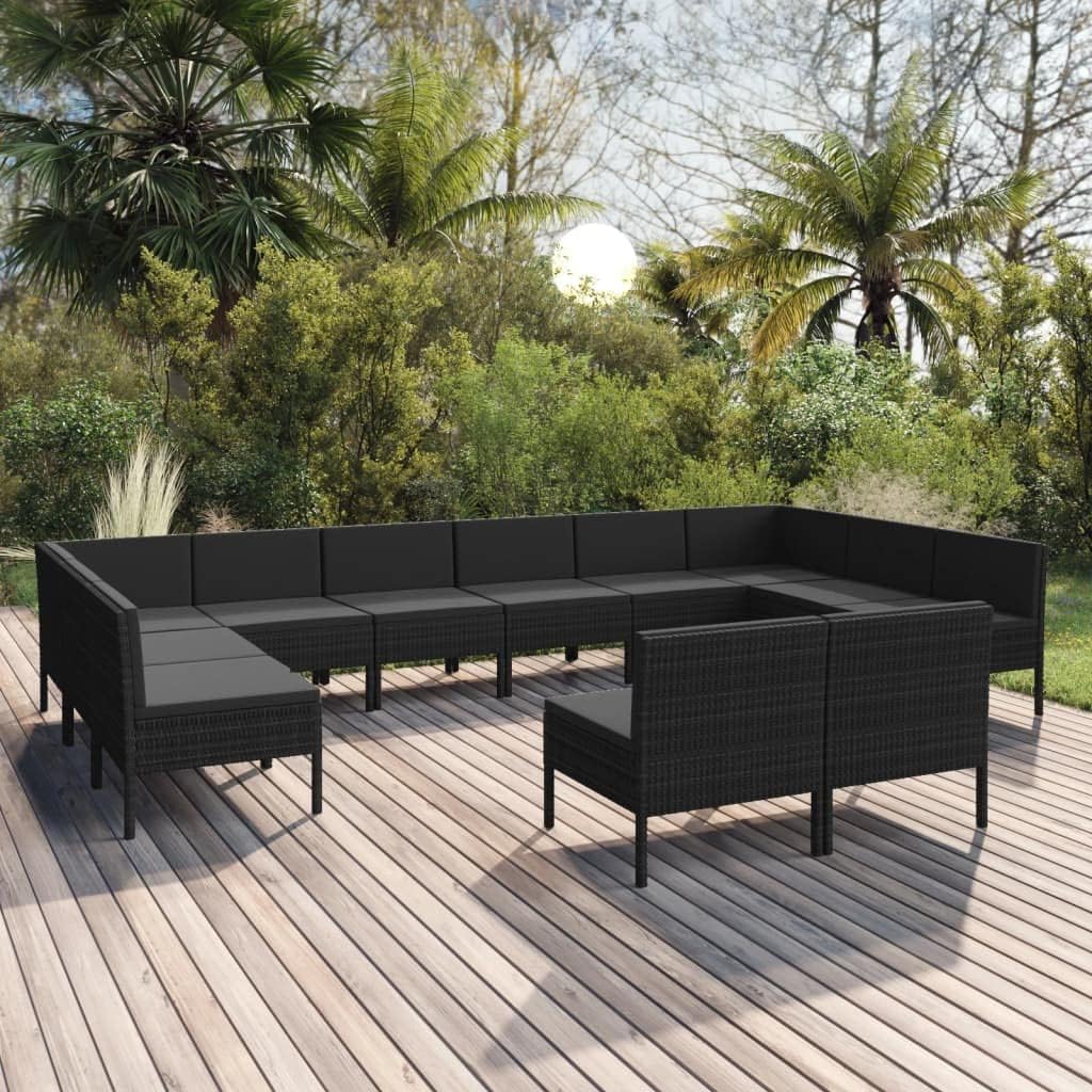 12 Piece Patio Lounge Set with Cushions Poly Rattan Black Garden Furniture