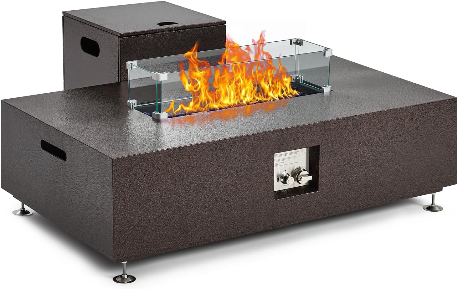 48 in Outdoor Fire Table, 48 in Rectangle Propane Gas Fire Pit Table, 50,000 BTU Modern Firepit with 16 in Tank Cover Side Table, Wind Guard, Fire Glass, Rain Cover, Antique Bronze