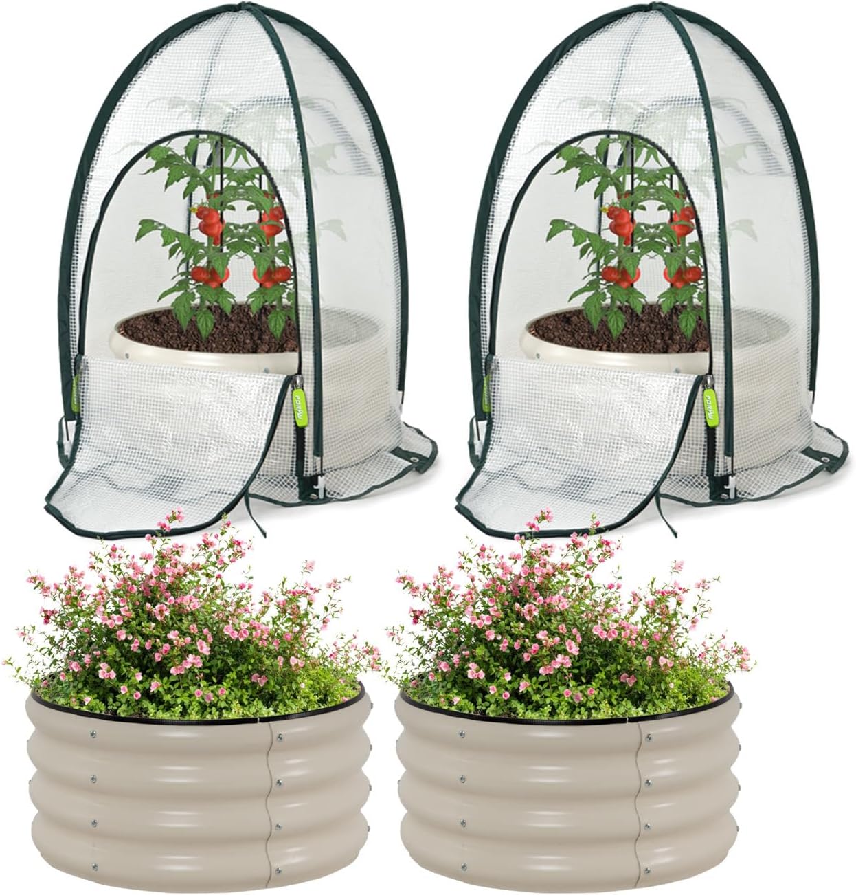 porayhut Riased Garden Bed with Greenhouse Cover, Raised Planter Box (2pcs 24in Round Garden Bed &Greenhouse Set)