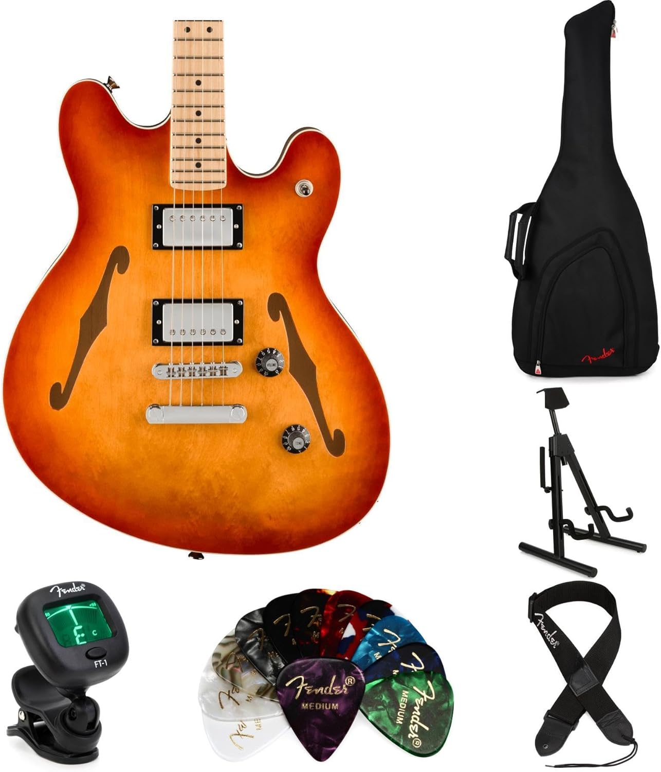 Squier Affinity Series Starcaster Deluxe Semi-hollowbody Electric Guitar Essentials Bundle - Sienna Sunburst