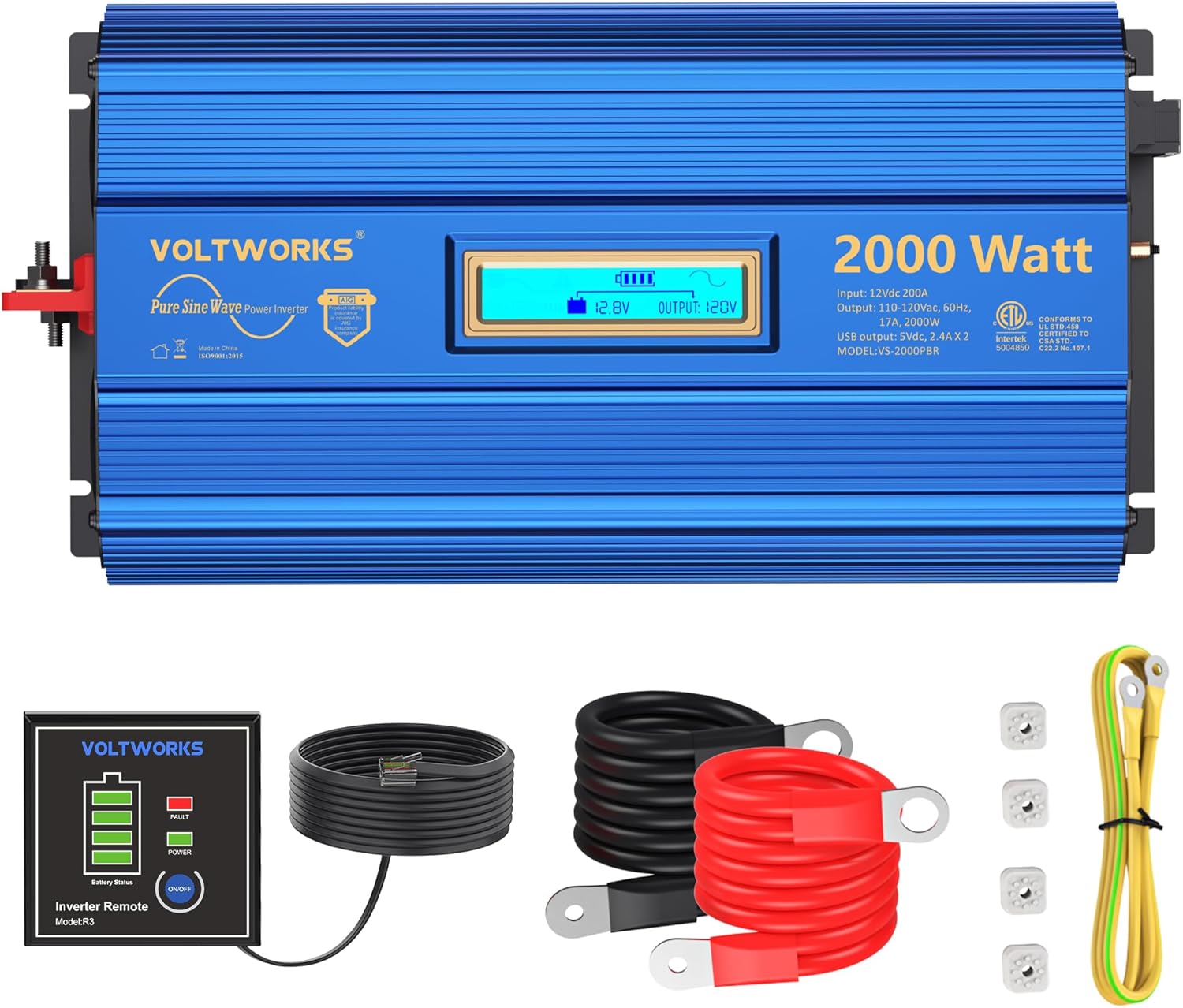 2000Watt Pure Sine Wave Power Inverter 12V DC to 110V 120V AC ETL UL458 Compatible with Lithium Battery Starlink for Off-Grid Solar RV Home Truck with 2.4A USB Ports & 1AC Terminal Block by VOLTWORKS