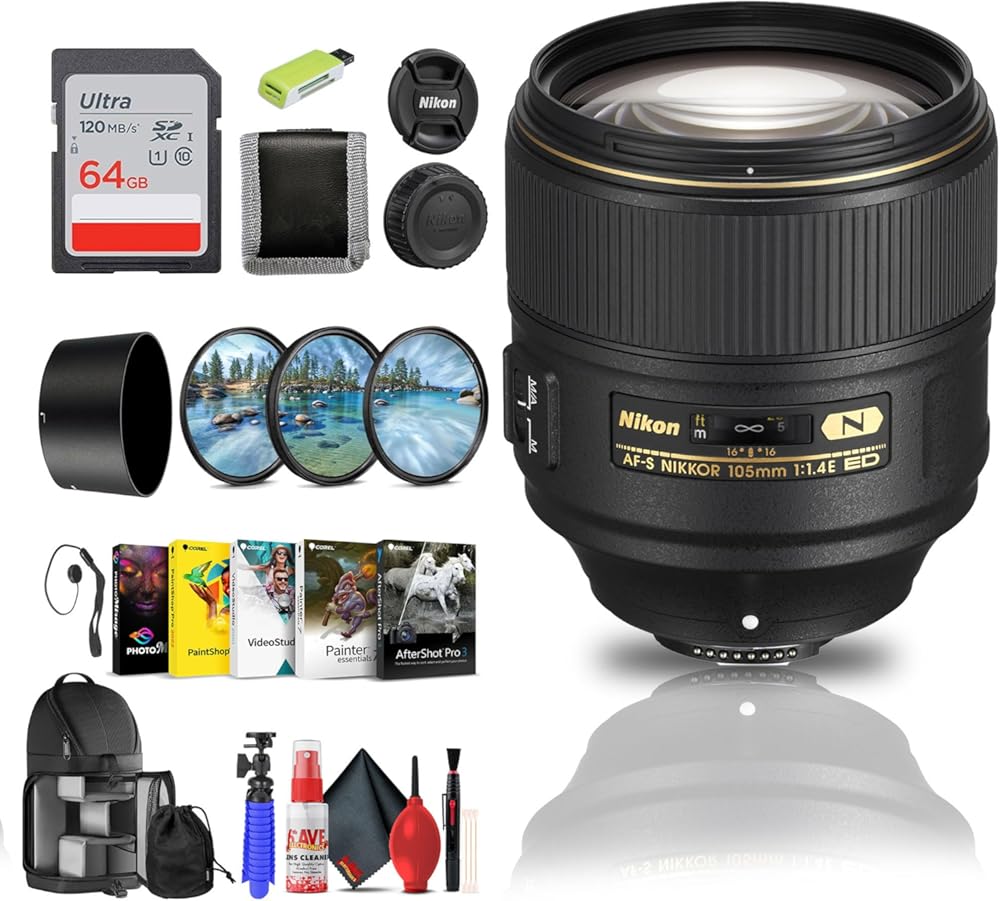 Nikon AF-S NIKKOR 105mm f/1.4E ED Lens for FX-Format DSLR Cameras (20064) + 64GB Memory Card + Filter Kit + Card Reader + Photo Software + Flex Tripod + More (Renewed)