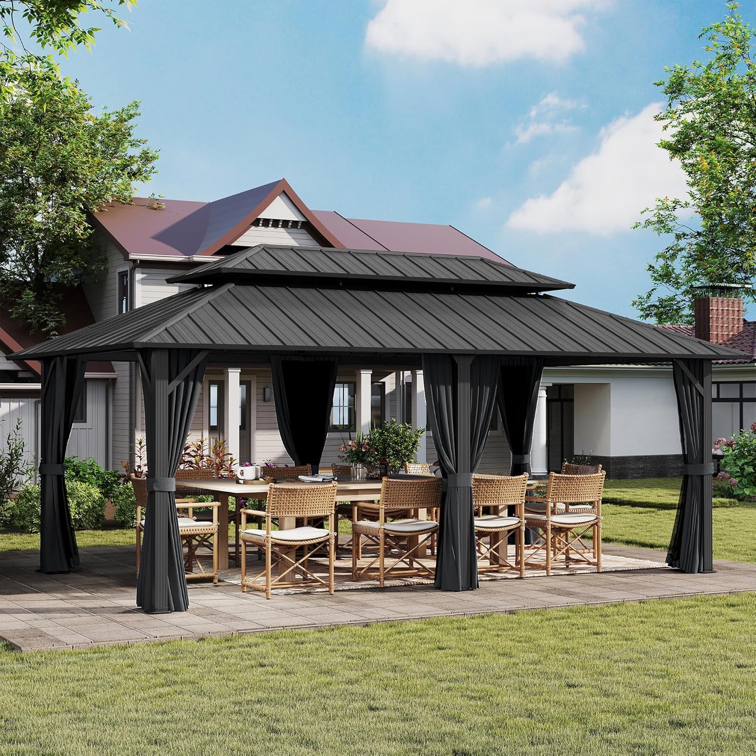 HAPPATIO 12'x 20' Outdoor Gazebo with Hardtop Roof, Double Galvanized Steel Roof Canopy with Aluminum Frame, Curtains and Netting for Patio, Backyard, Deck, Lawn, Grey, Easy Assembly (Grey)