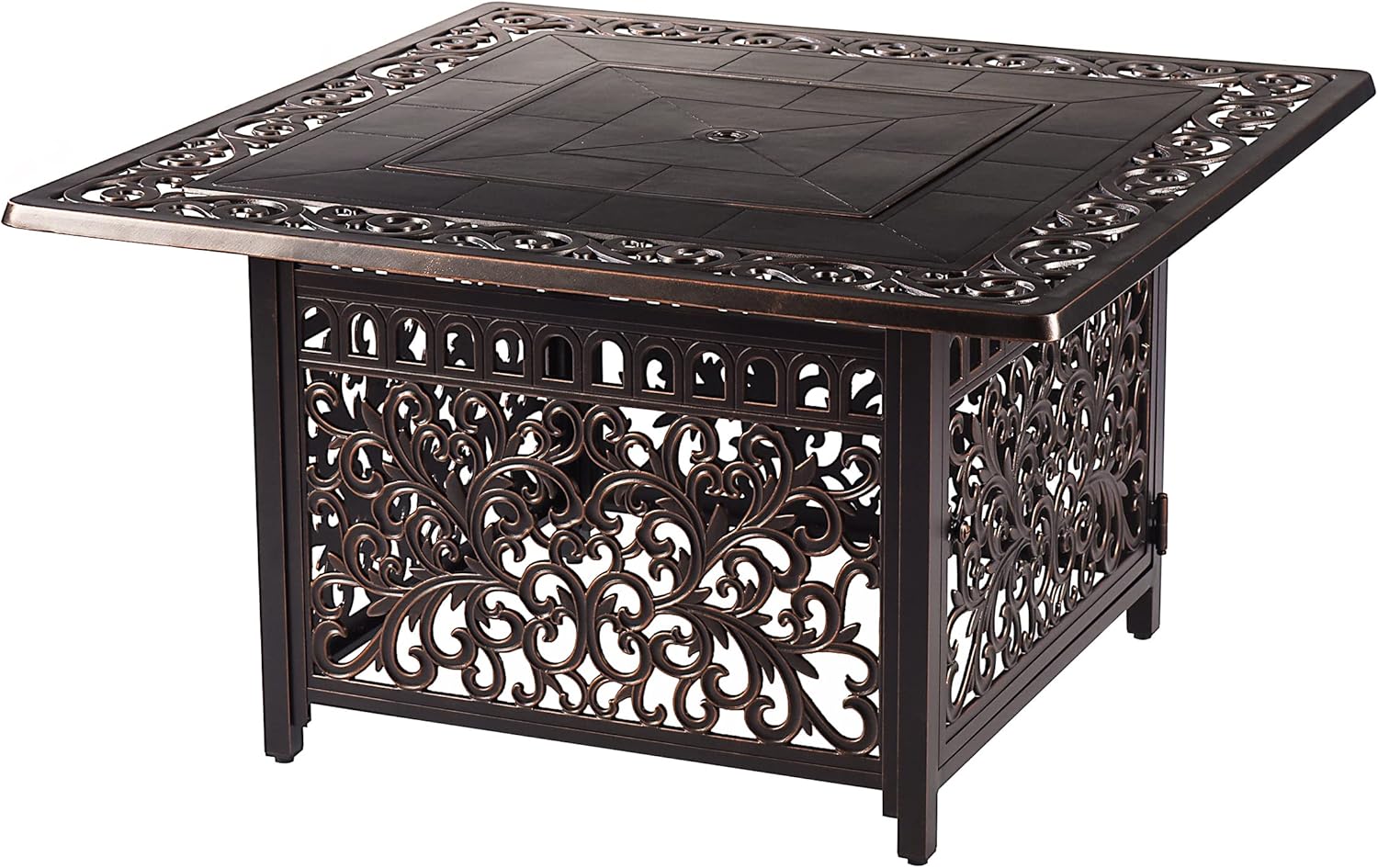 Aluminum 57,0000 BTU 42 in. Square Propane Black Fire Pit Table with Fire Beads, Lid, Propane Tank Cover and Table Fabric Covers in Copper Finish