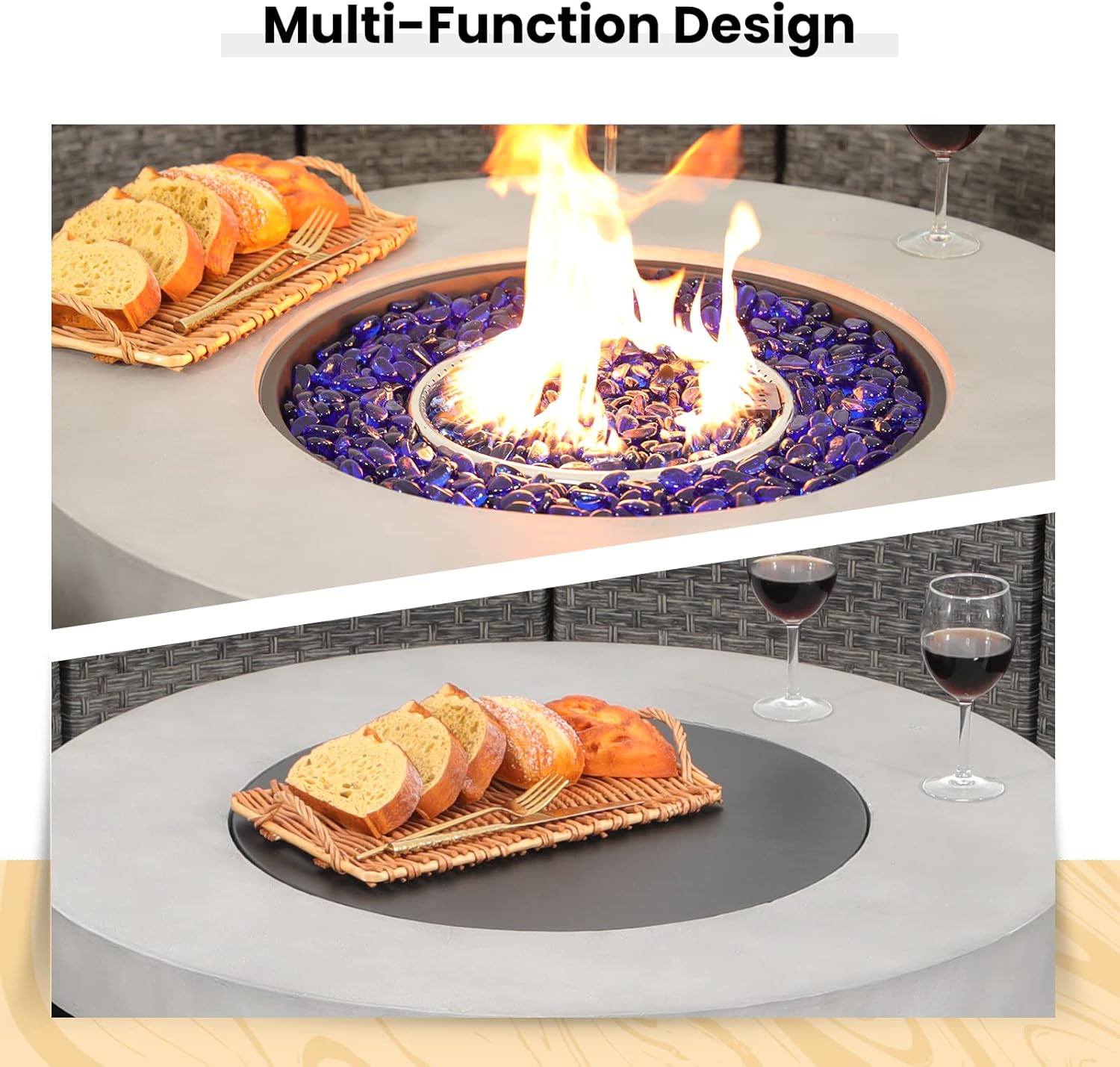 SUNSITT Outdoor 36’’ Propane Fire Pit Table 50,000 BTU Round Patio Propane Firepit Table, Pit Cover, Metal Lid & Fire Glass, Grey Finish