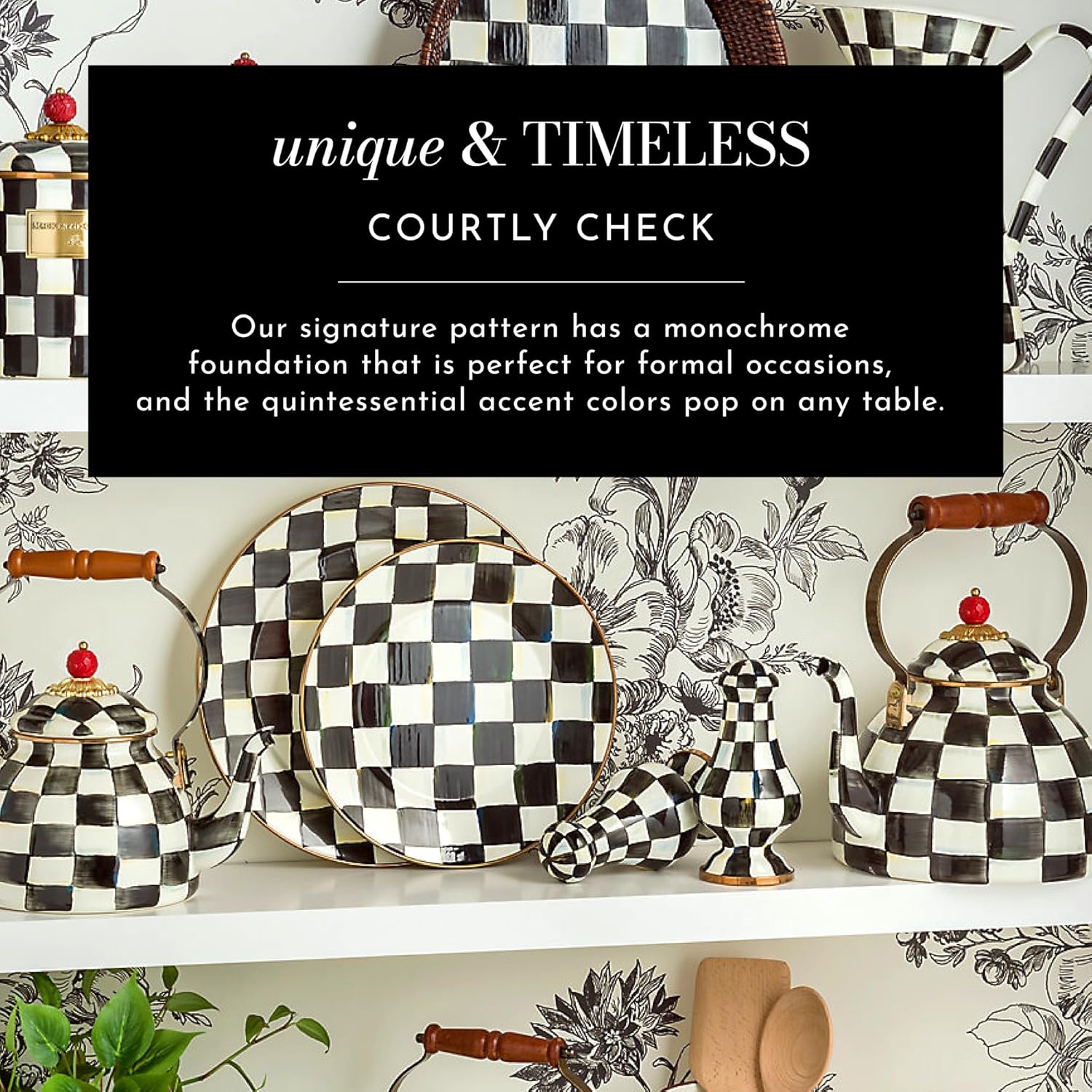 MACKENZIE-CHILDS Enamel Tea Party Set, Unique Teapot and Teacups, Tea Accessories Set, Black-and-White Courtly Check