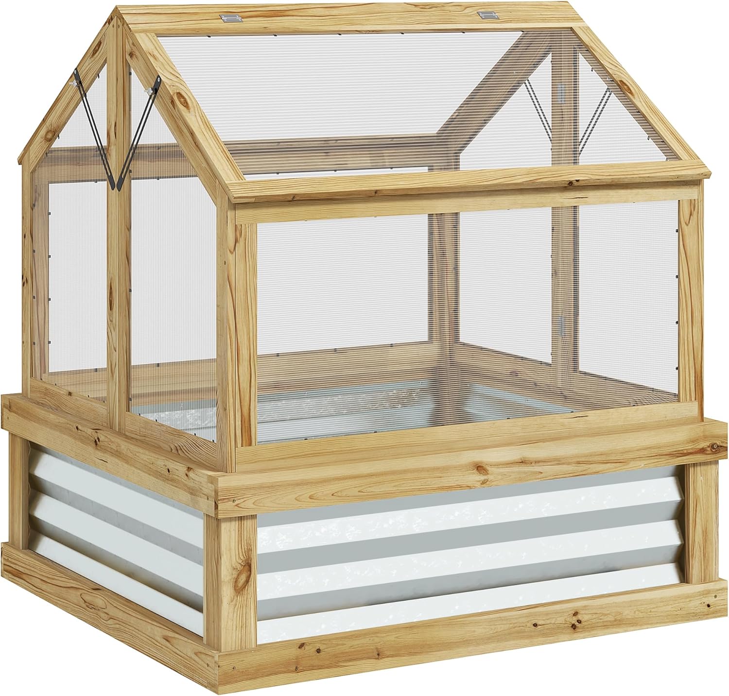 Raised Garden Bed with Polycarbonate Greenhouse, Garden Wooden Cold Frame Greenhouse Flower Planter Protection, Peak Roof, 35.5