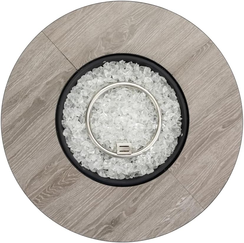 30 Inch Round Propane Fire Pit Table with Wood Grain Ceramic Top and Stainless Steel Burner for Patio, Backyard, Garden