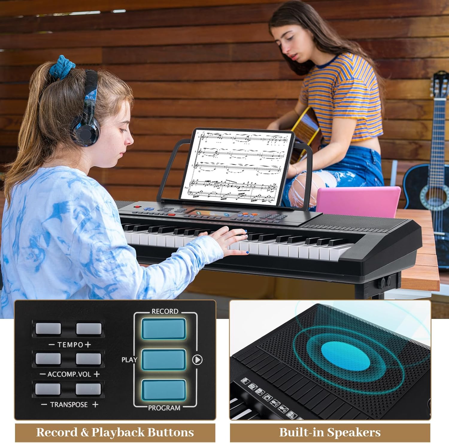 HONEY JOY 61 Key Keyboard Piano, Electric Piano Keyboard Kit with 300 Tones, 300 Rhythms, Piano Stand, Bench, Headphone/Microphone, Built-In Speakers, Keyboard Piano for Beginners, Black