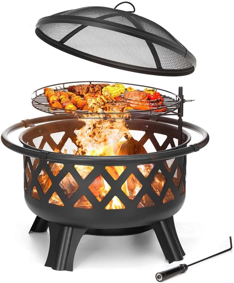 30inch BBQ Grill Fire Pits Outdoor Wood Burning Fire Pit Stove Garden Patio Wood Log Barbecue Grill Net Set Cooking Tools