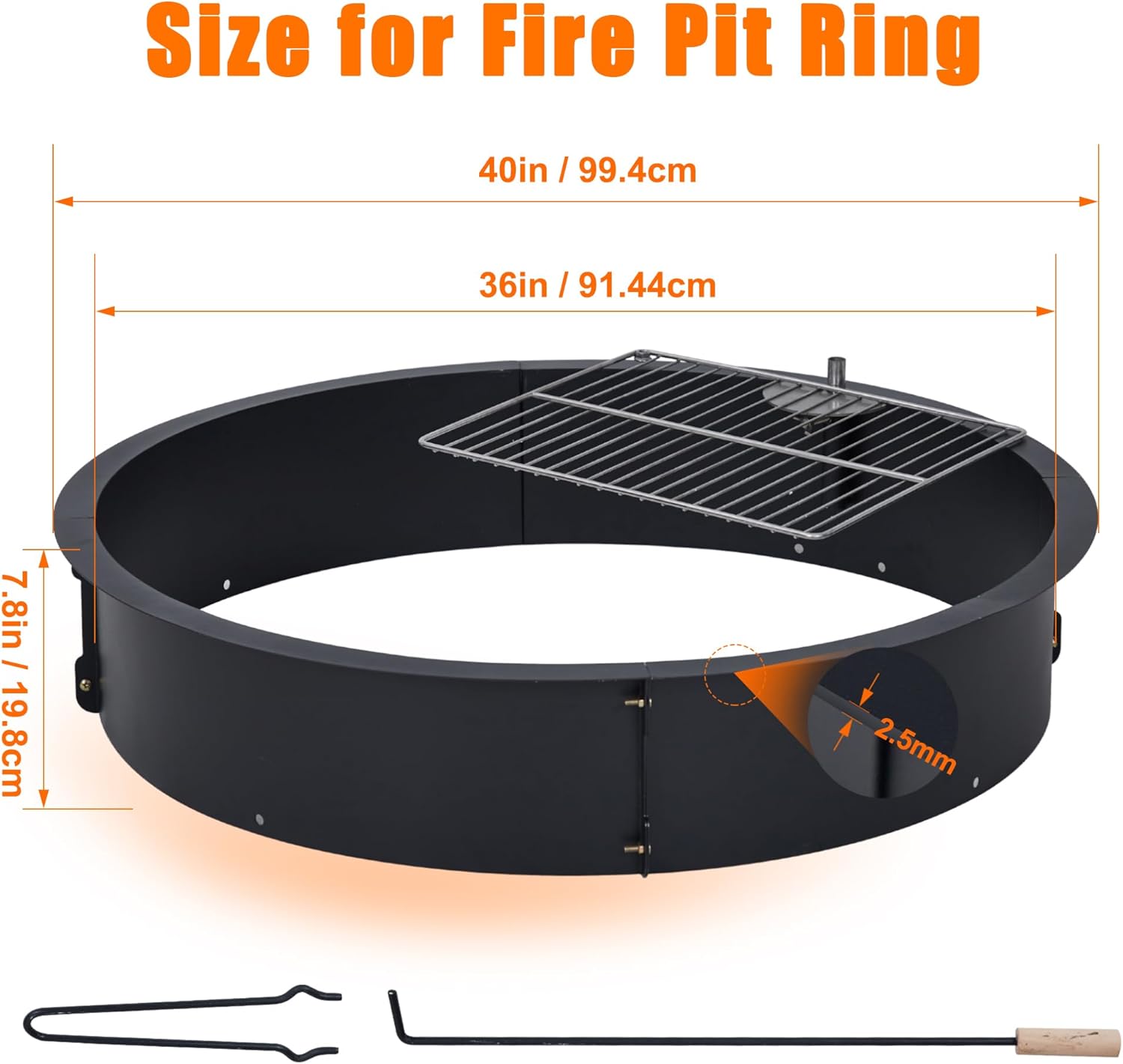 30 Inch Outdoor Fire Pit Ring, 2.5mm Thick Heavy Duty Steel Round Fire Pit Insert, 36 in-Outer Wood Burning Fire Pit Kit, 10 Inch Height Campfire Ring for Camping, BBQ