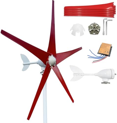 800W-1200W Wind Turbine Generator Kit - 12V/24V/48V, MPPT Controller, 5 Red Blades, Low Starting Wind Speed 2.5m/s, Ideal for Home Power Generation, 1000W Output