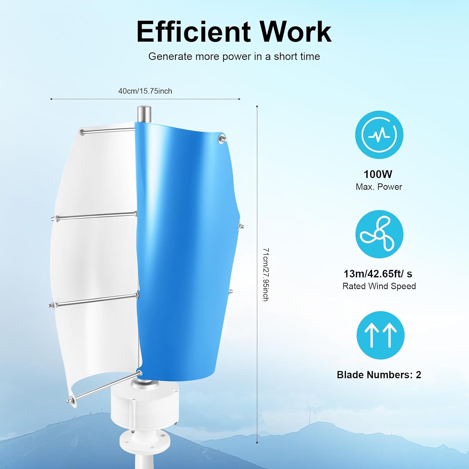 Wind Turbine Generator, 100W Vertical Wind Turbine Wind Turbine Generator Kit with Controller 12V 2 Blades Vertical Axis Windmill for Home Street Lighting (White & Blue)