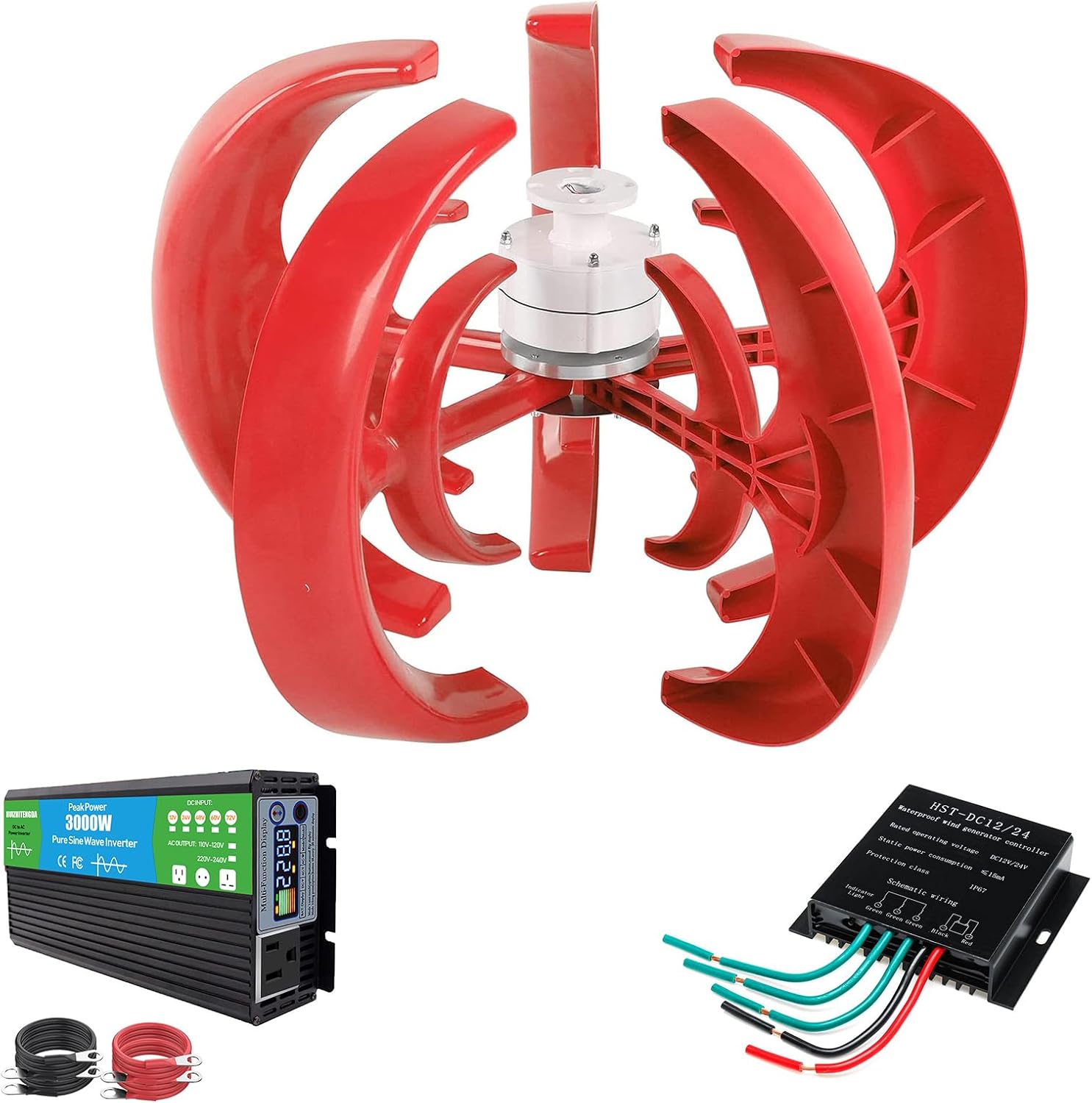 3000W Vertical Axis Wind Turbine Generator Low Noise Low Start Wind Speed 12V 24V 48V Windmill Off Grid System with MPPT Charger(Red)