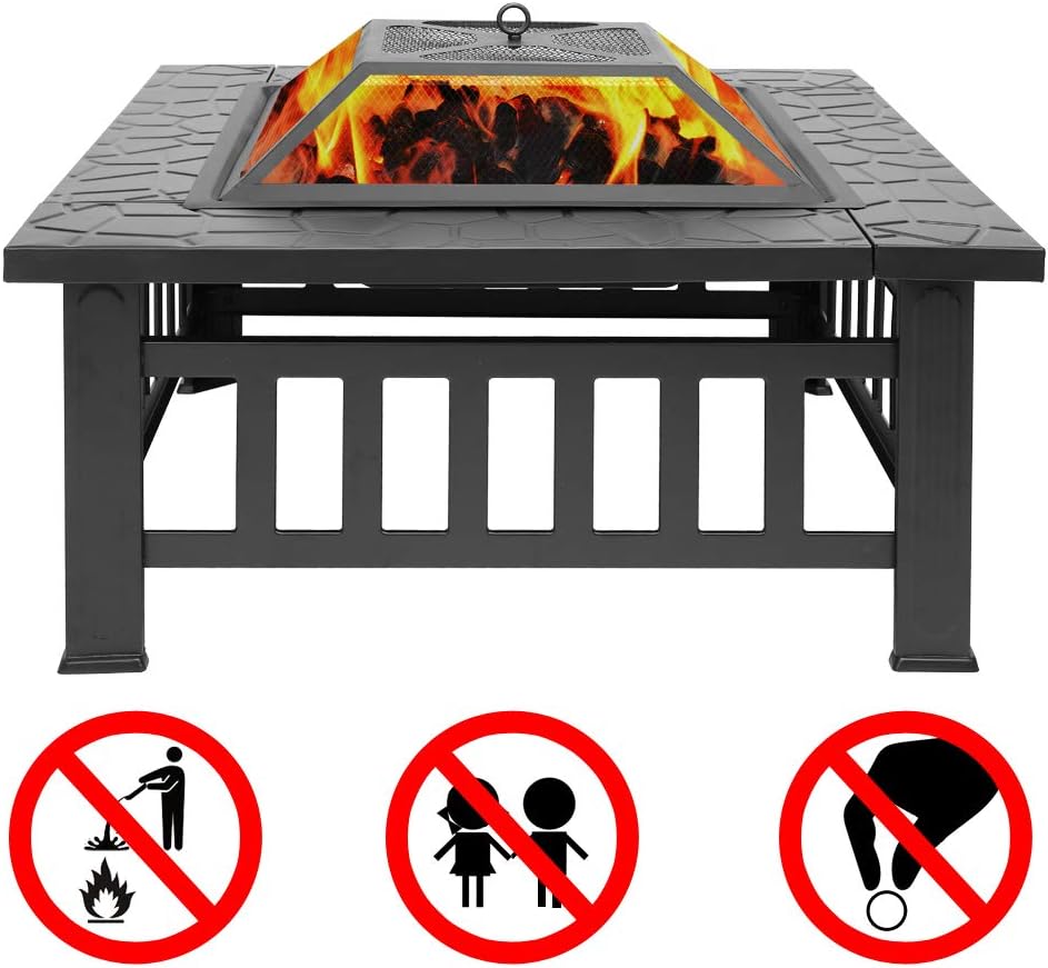 32in Outdoor Metal Firepit Square Table Backyard Patio Garden Stove Wood Burning Fire Pit with Spark Screen, Log Poker and Cover