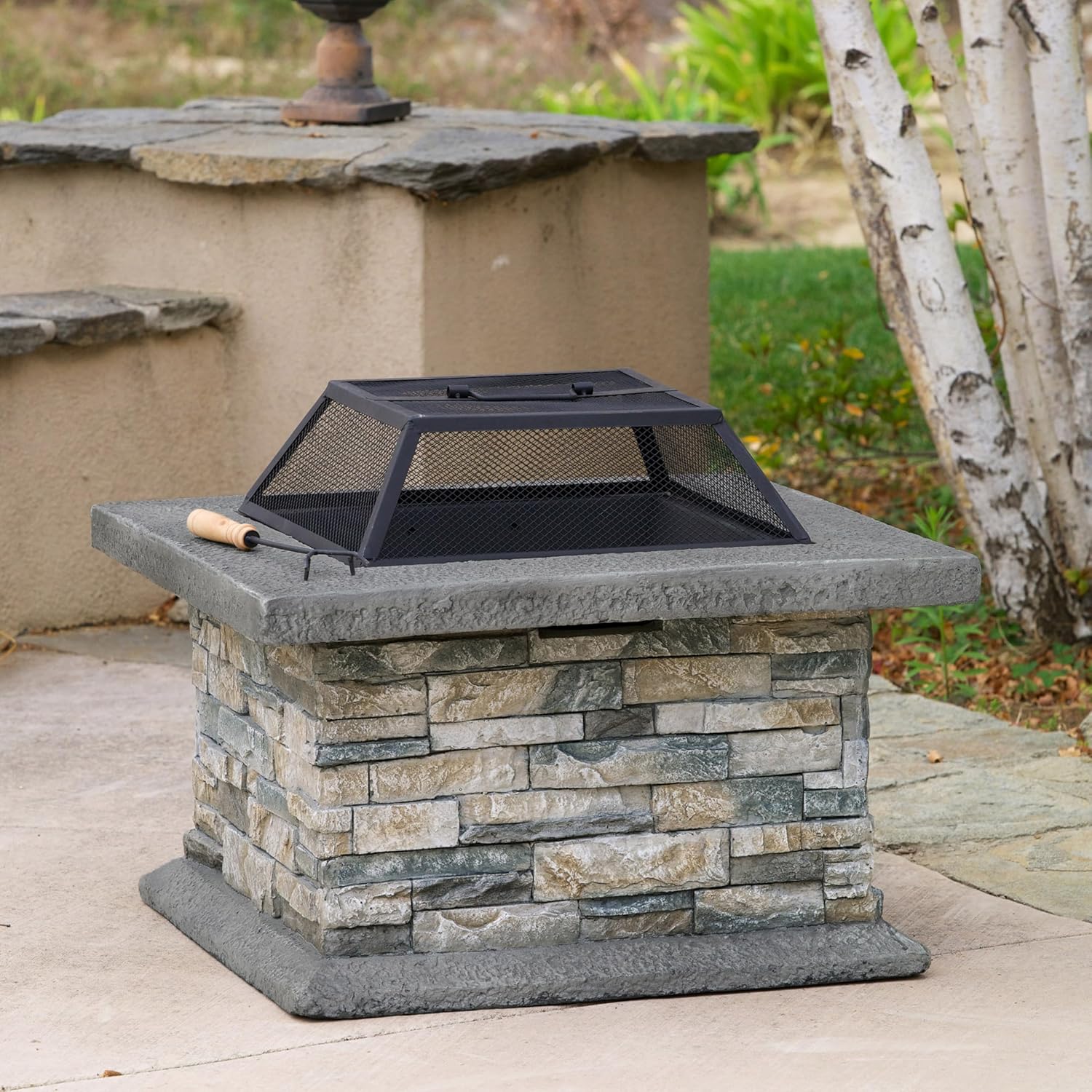 28 Inches Square Fire Pit in Stone Gray – Outdoor Steel Fire Pit with Spark Screen Poker, Durable Portable for Backyard, Patio, Camping (1 Doors)