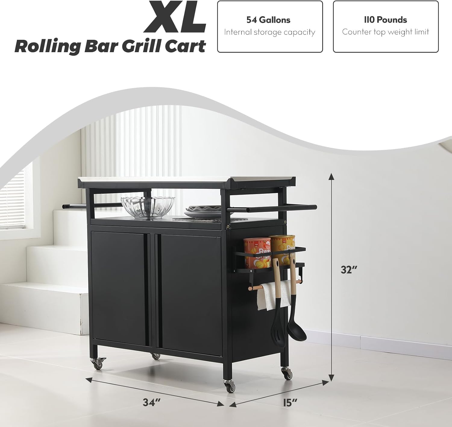 Nexaio XL Rolling Bar Grill Cart Outdoor Patio Furniture, Outdoor Grill Table with Stainless Steel Top for Kitchen Prep and Outdoor Storage Cabinet for Grilling Accessories, Black