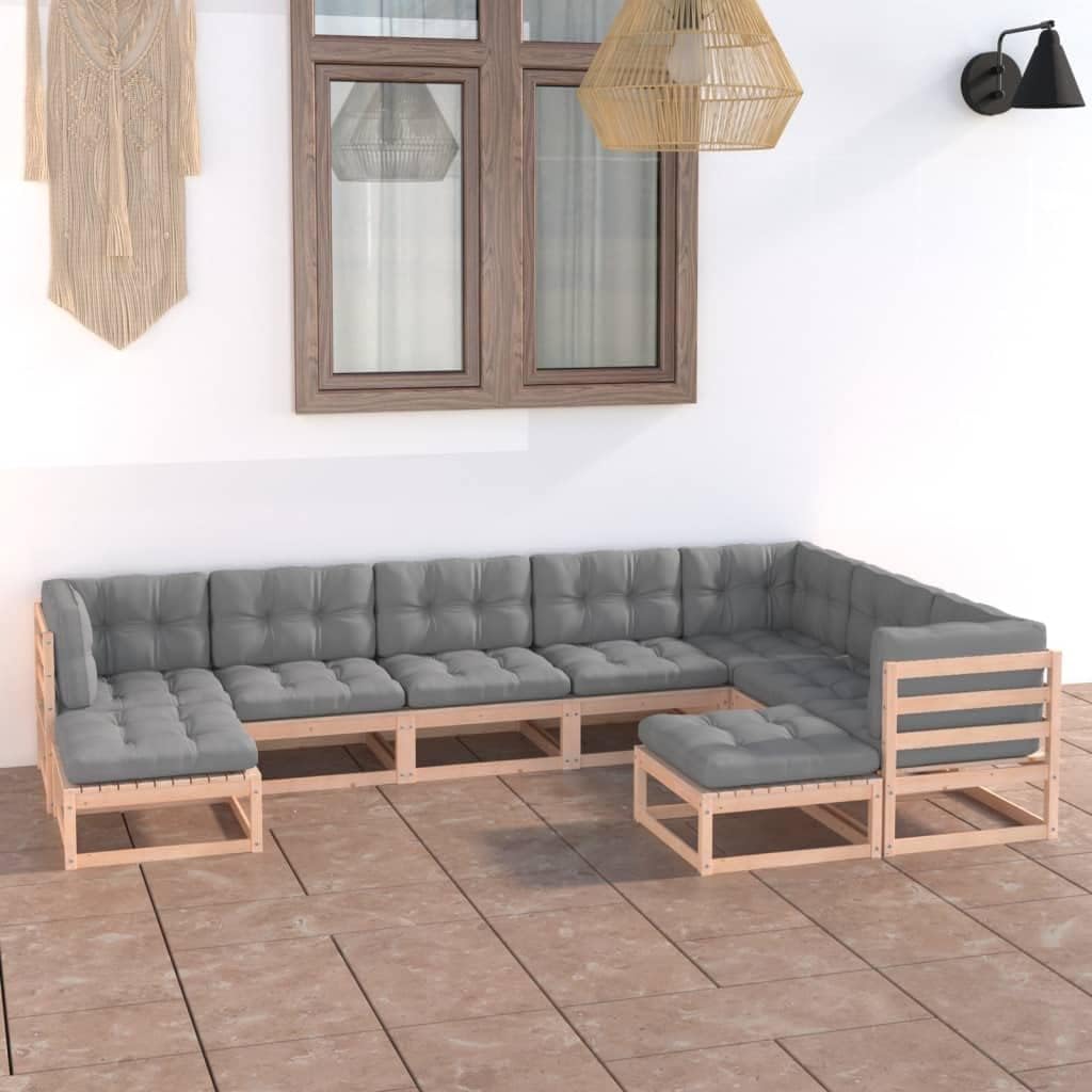 9 Piece Patio Lounge Set with Cushions Solid Wood Pine,Pinewood Patio Lounge Set with Gray Cushions for Outdoor Relaxation and Conversation Patio Furniture Sets, Outdoor Furniture Sets