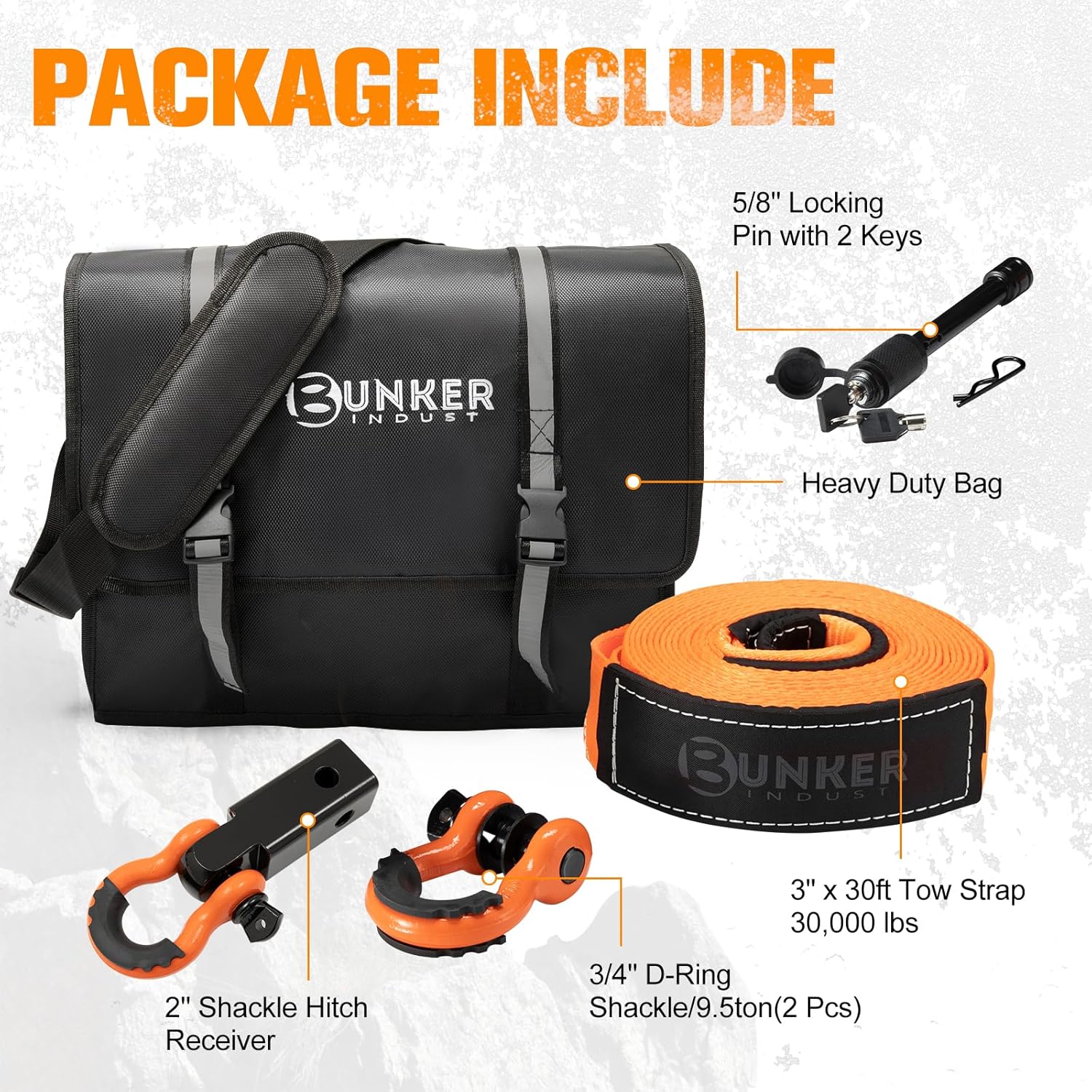 BUNKER INDUST Heavy Duty Tow Strap Recovery Kit,3