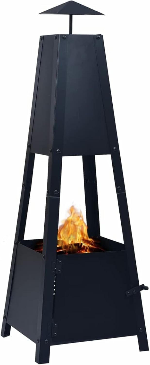 Fire Pit, Pyramid Shape with 4-Leg Stand, 13.8in x 13.8in x 39in, Powder-Coated Steel, for Outdoor and Minimalist Settings