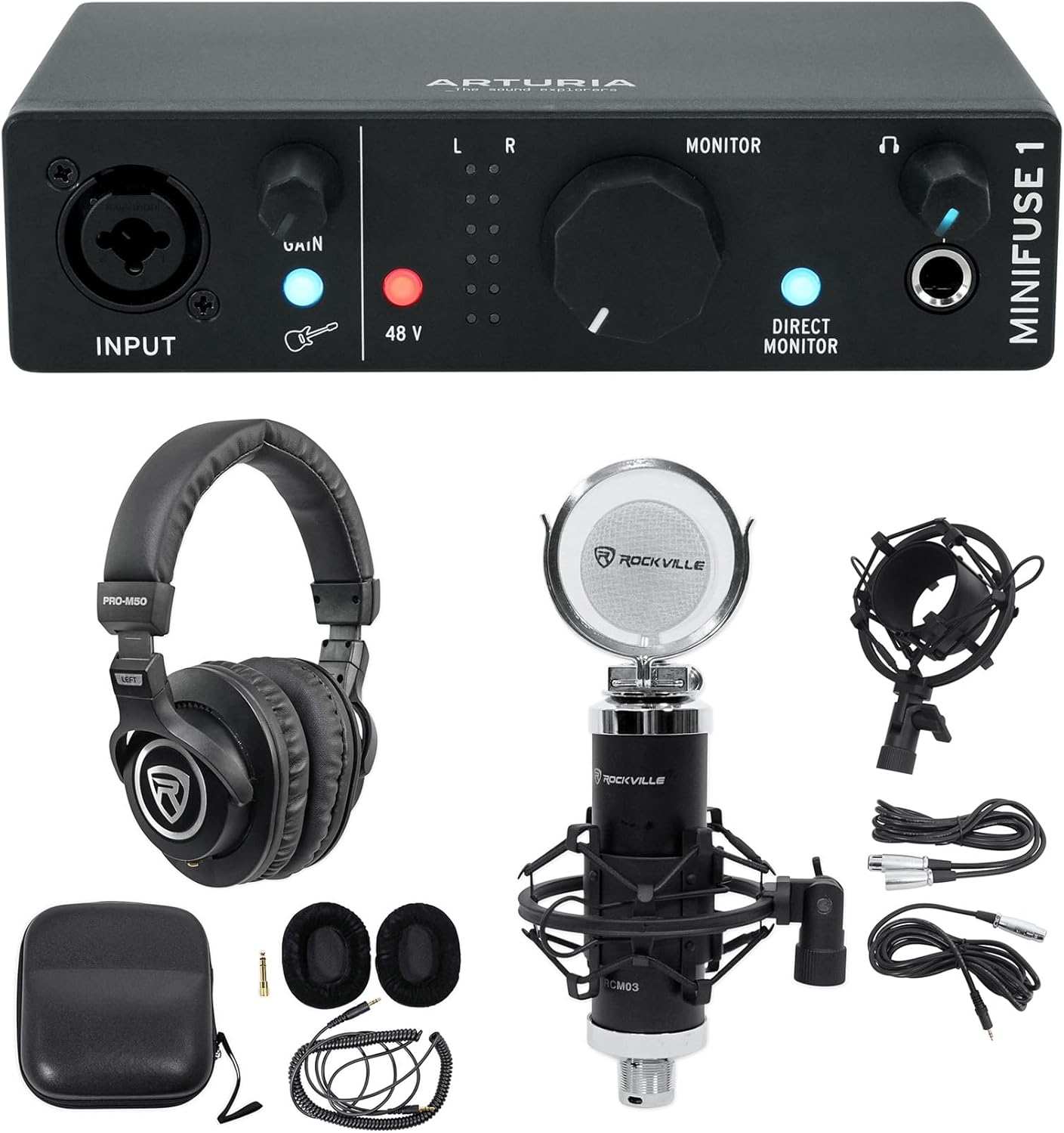 Audiosavings Bundle: Arturia Minifuse 1 Portable Solo Audio USB Recording Interface+Software Bundle with Rockville RCM03 Pro Studio Recording Microphone + Rockville PRO-M50 Studio Headphones (3 Items)