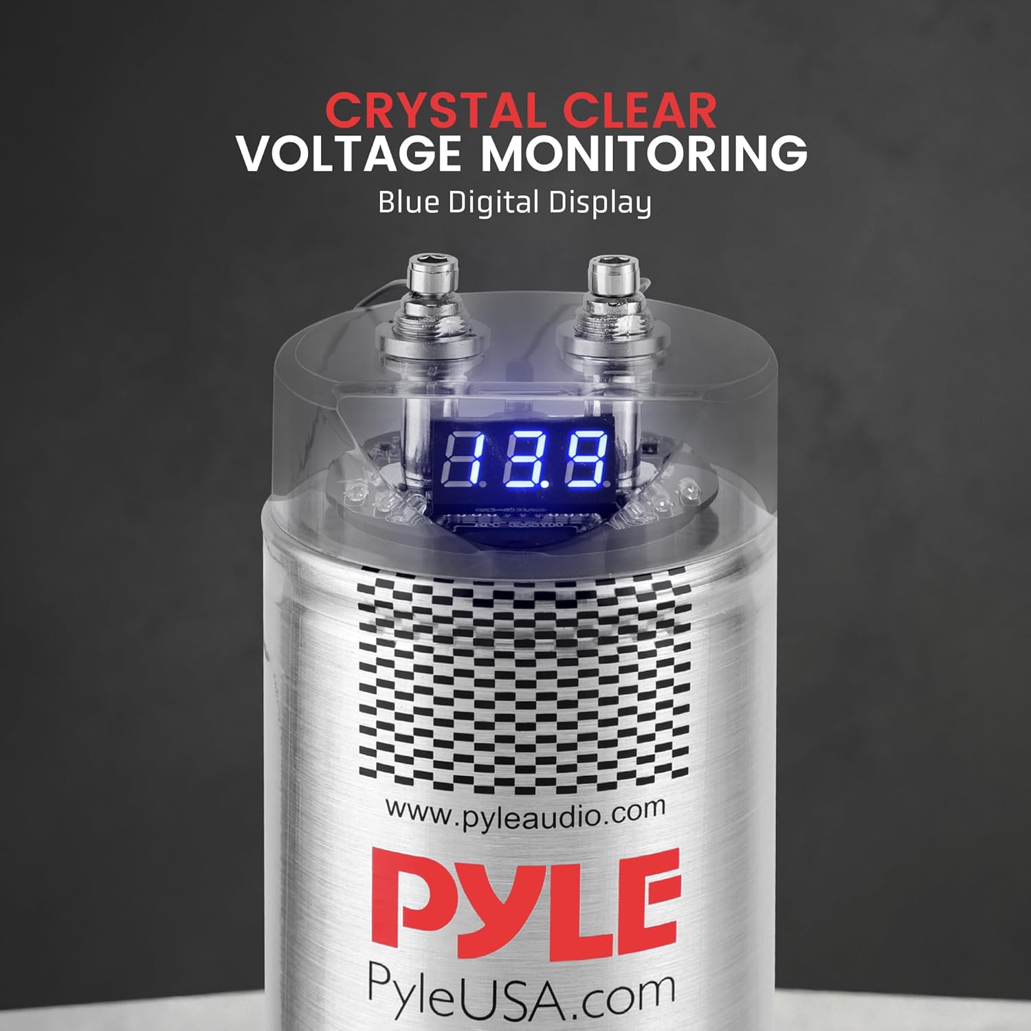 Pyle 5.0 Farad Digital Power Capacitor - High-Performance Car Audio Accessory with Blue Digital Display, Voltage Readout, Over Voltage Protection, Mounting Hardware, DC 12-24V - PLCAPE50