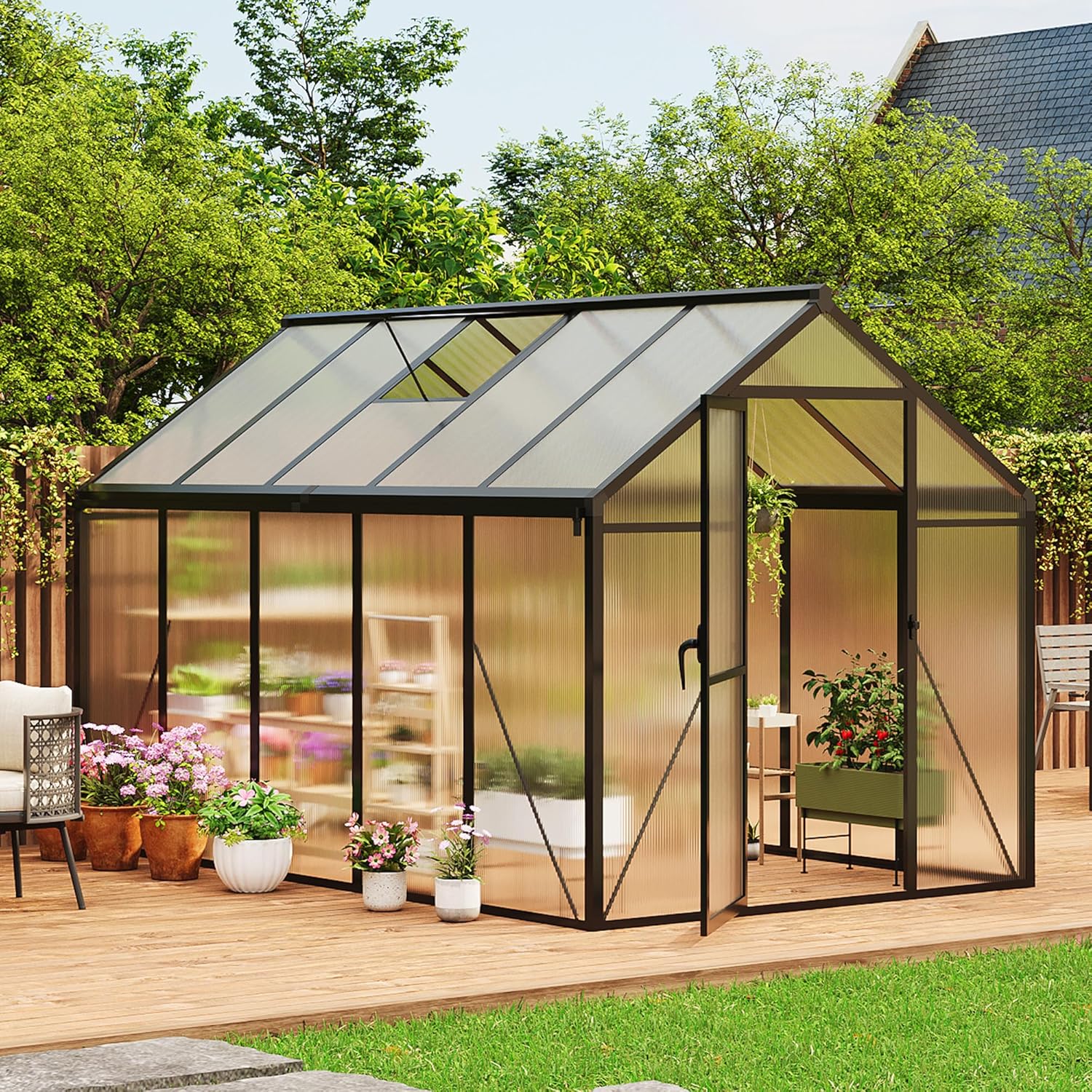 6×10 FT Greenhouse, Large Walk in Greenhouses for Outdoors and Garden Planting, Polycarbonate Greenhouse with Enhanced Aluminum Frame, Green Houses with Quick Setup Structure and Roof Vent, Black