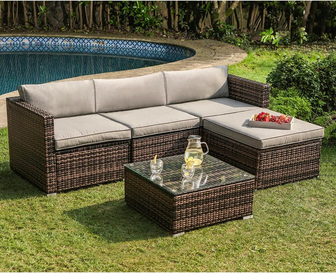 COSIEST 5-Piece Outdoor Furniture All-Weather Mottlewood Brown Wicker Sectional Sofa w Warm Gray Thick Cushions, Glass-Top Coffee Table, Patio