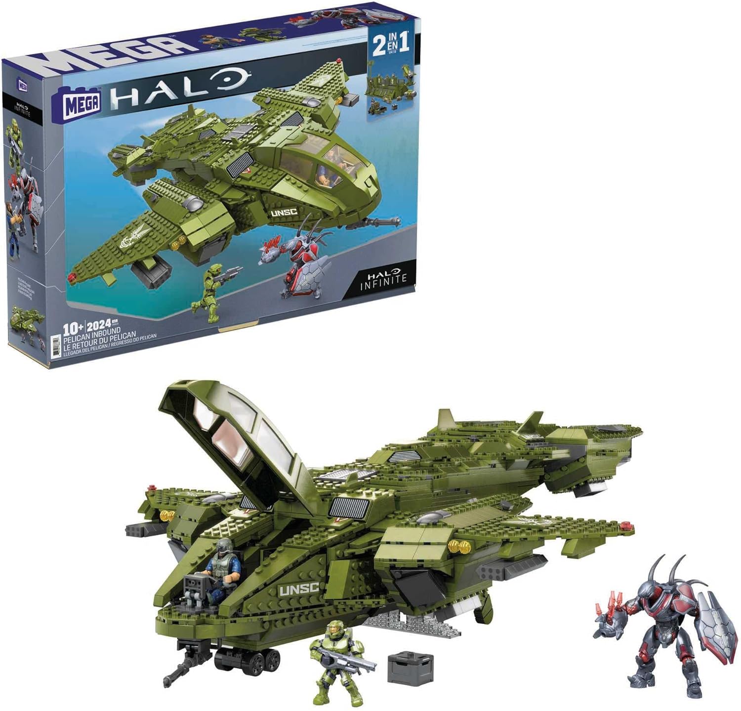MEGA Halo Toy Building Sets, Pelican Inbound Vehicle with 2024 Pieces, 3 Micro Action Figures and Accessories, for Collectors