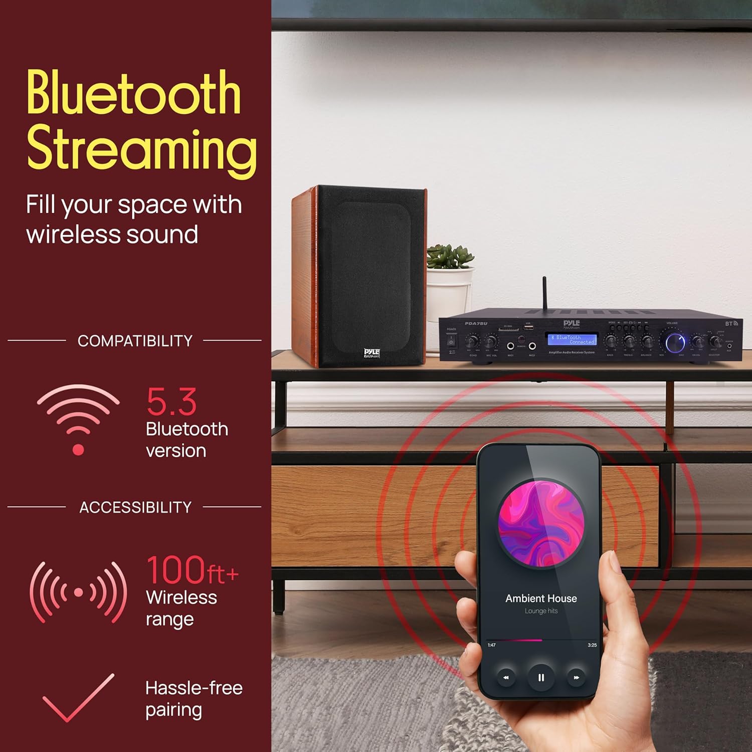 Pyle 5 Channel Rack Mount Bluetooth Amplifier Receiver - Home Theater Amp, Speaker Amplifier, Bluetooth Wireless Streaming, MP3/USB/SD/AUX/FM Radio, 200Watt, w/Digital ID3 LCD Display from - PDA7BU.5